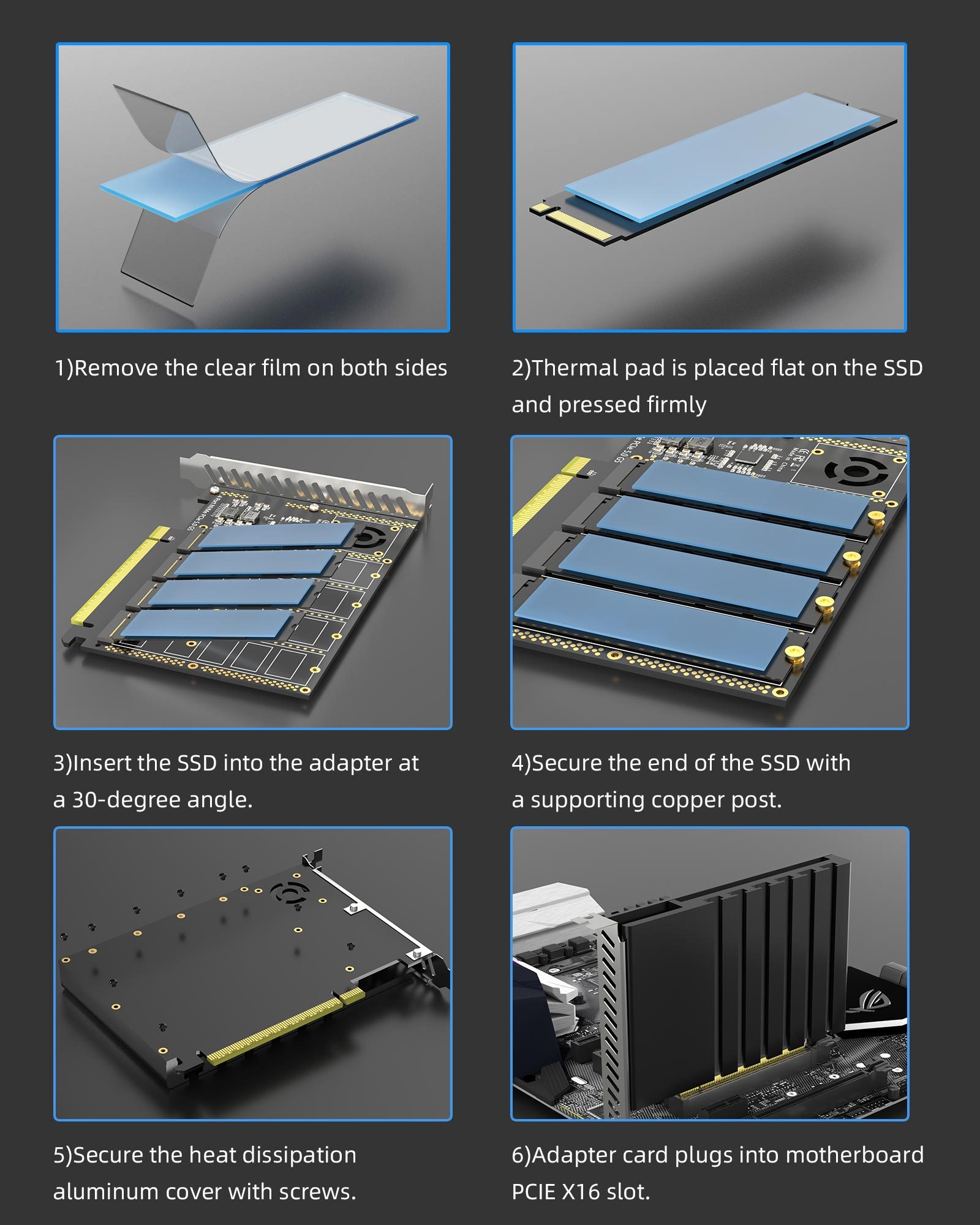 PA54 Quad M.2 NVMe to PCIe 5.0 X16 Adapter Card, No PCIe Bifurcation (PCIe Bifurcation Motherboard is Required)