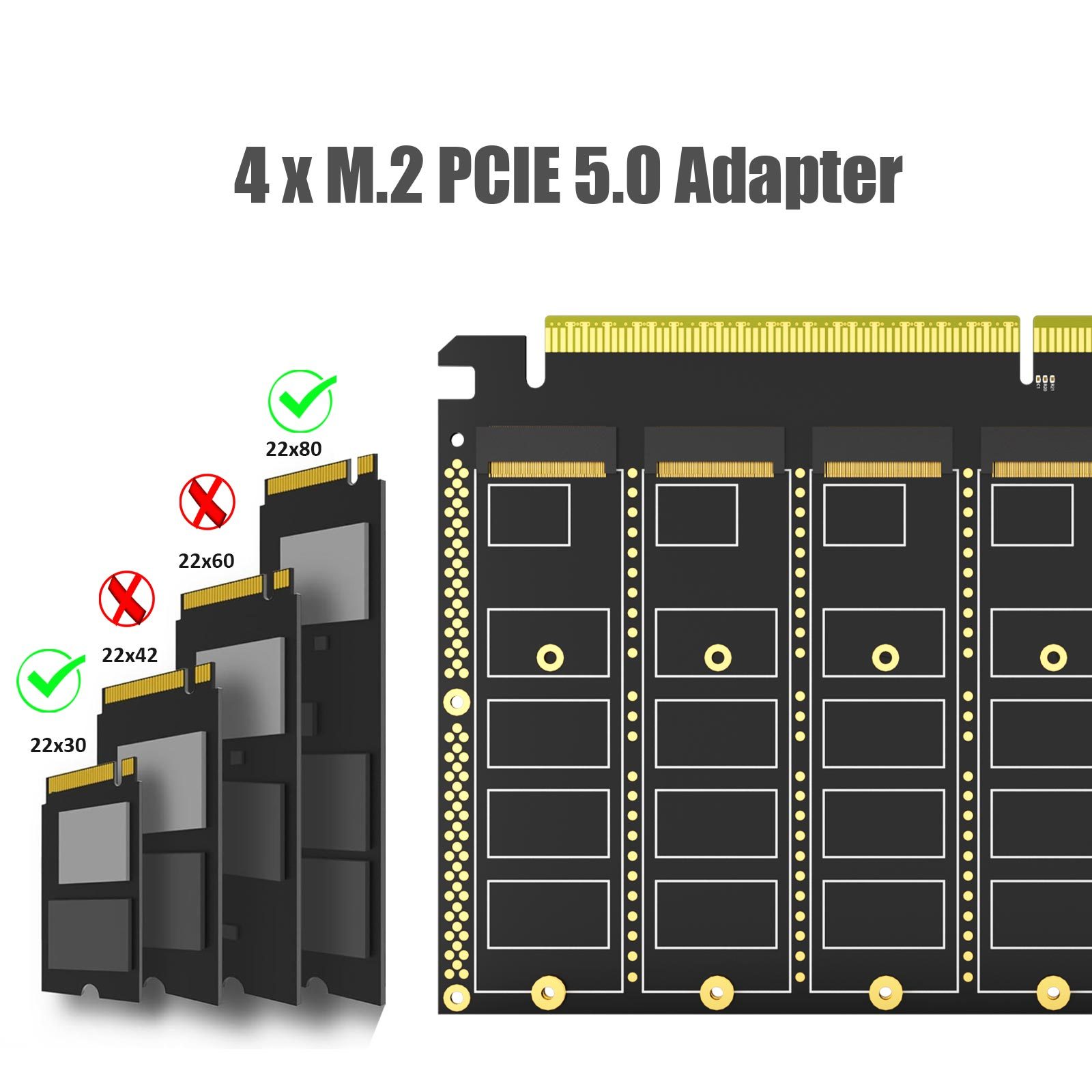 PA54 Quad M.2 NVMe to PCIe 5.0 X16 Adapter Card, No PCIe Bifurcation (PCIe Bifurcation Motherboard is Required)