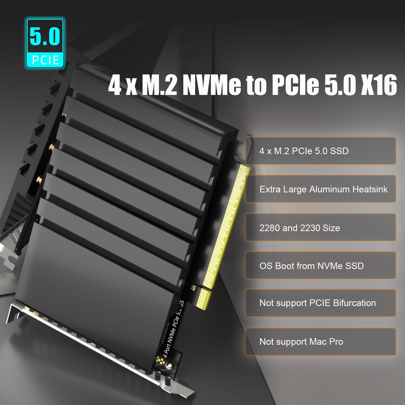PA54 Quad M.2 NVMe to PCIe 5.0 X16 Adapter Card, No PCIe Bifurcation (PCIe Bifurcation Motherboard is Required)
