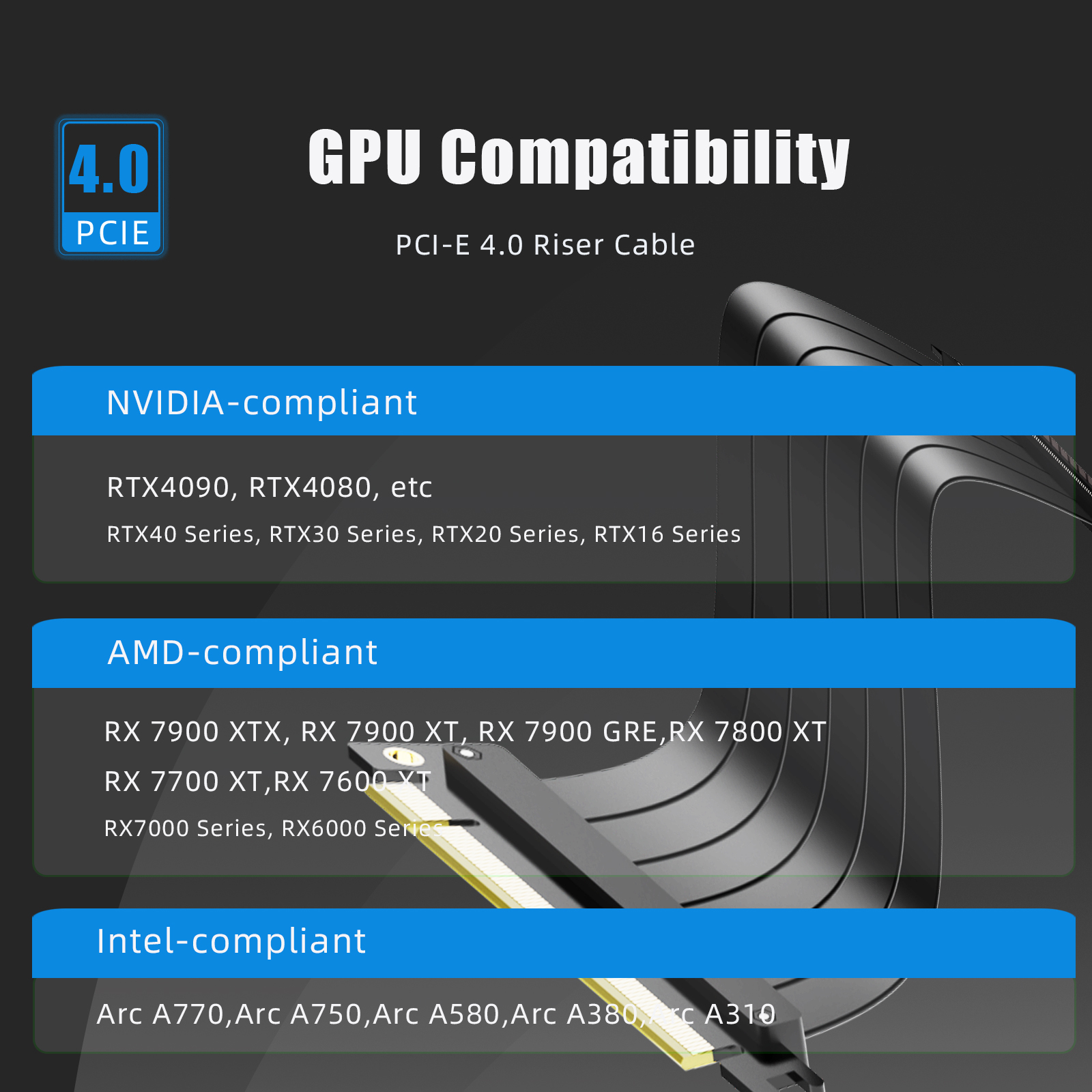 PCIe 4.0 X16 Riser Cable for PCIe 4.0/3.0 GPUs, Such as GeForce RTX 40/30 Series and AMD Radeon RX7000/RX6000 Series, etc