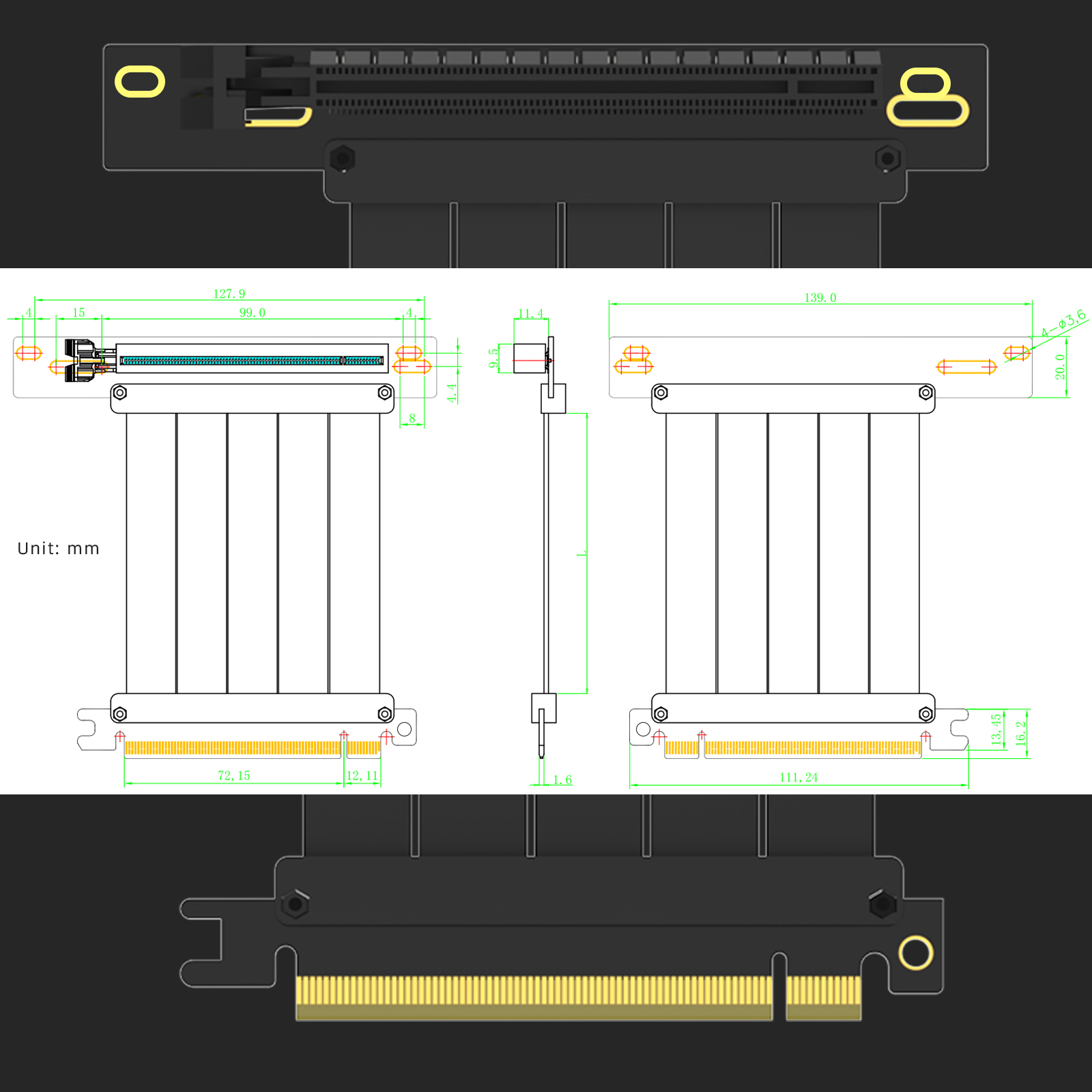 PCIe 4.0 X16 Riser Cable for PCIe 4.0/3.0 GPUs, Such as GeForce RTX 40/30 Series and AMD Radeon RX7000/RX6000 Series, etc