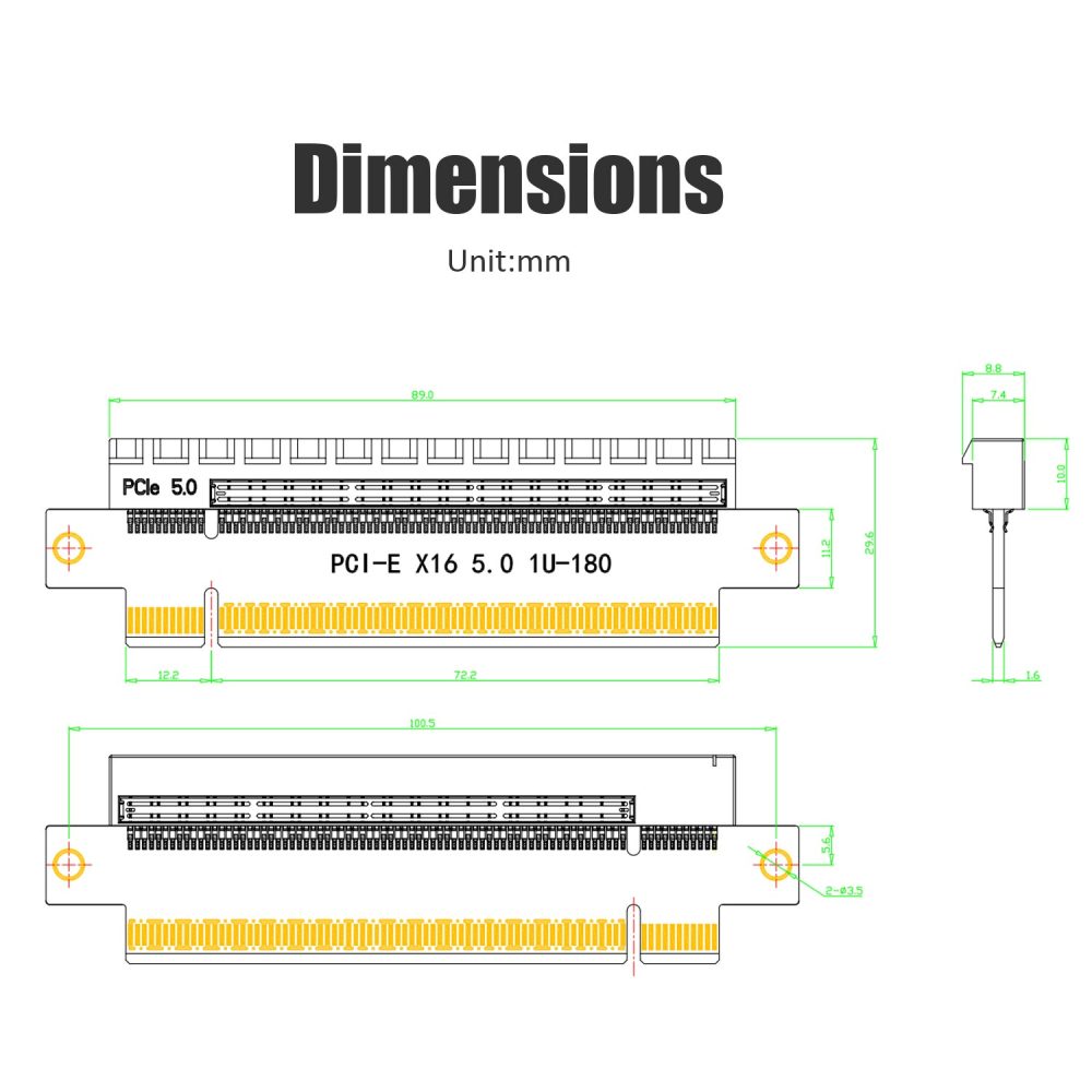 PA17 PCIe 5.0 X16 Riser Adapter Card, Straight Angle and Low-Profile for 1U/2U Server Installation