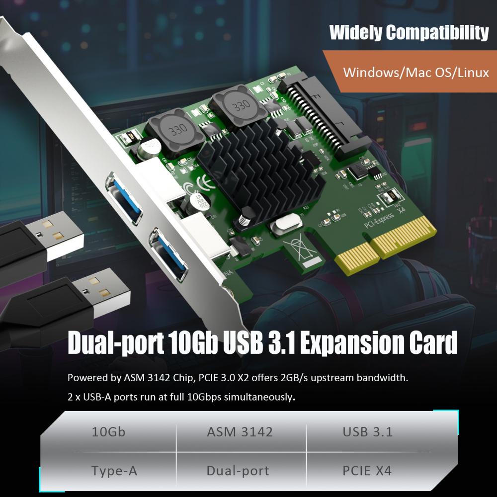 U3142A 2-port 10Gb USB 3.1 Gen2 Type-A to PCIE X4 Expansion Card with ASM 3142 Chip, Regular and Low-profible Bracket