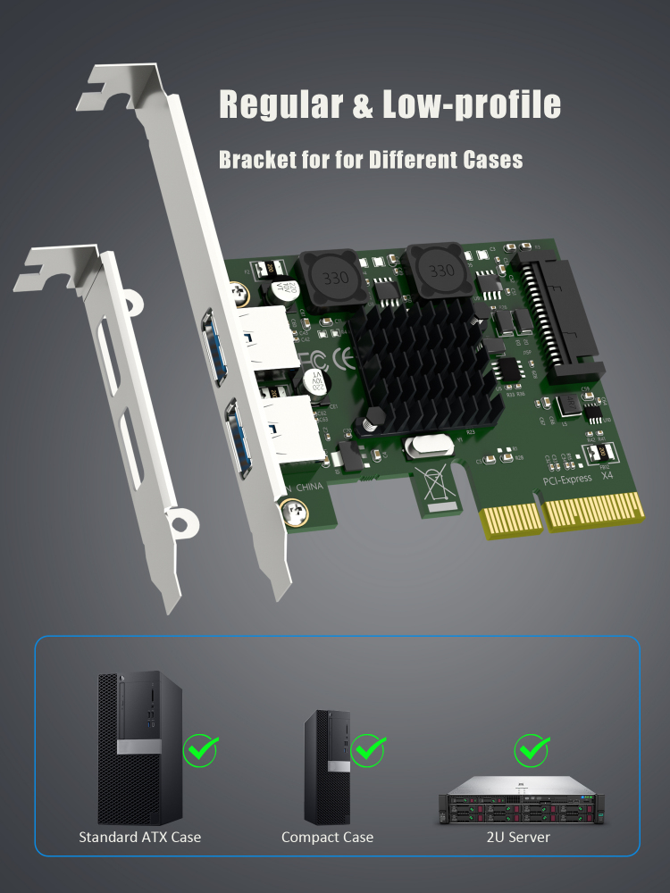 U3142A 2-port 10Gb USB 3.1 Gen2 Type-A to PCIE X4 Expansion Card with ASM 3142 Chip, Regular and Low-profible Bracket