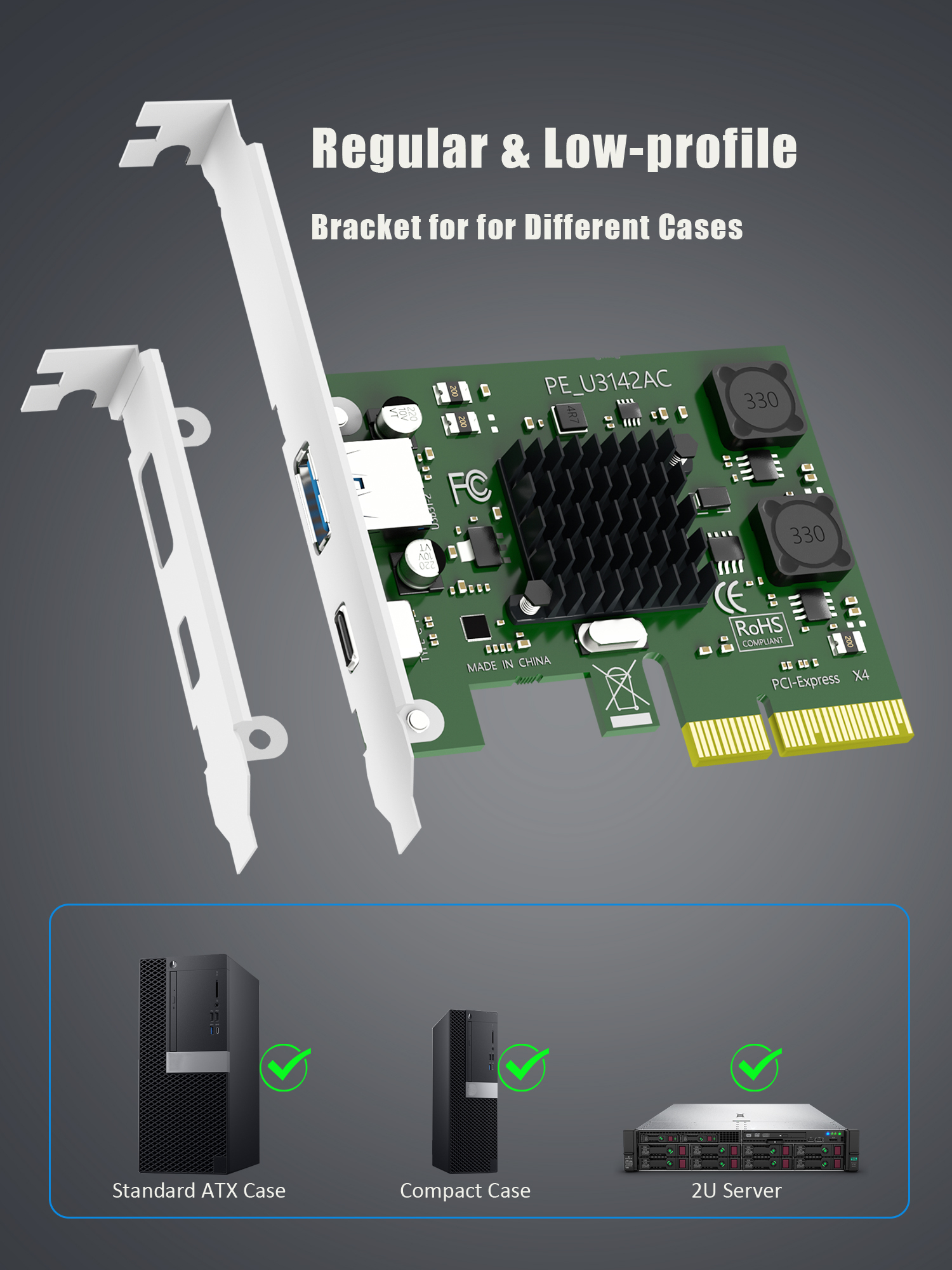 U3142AC 2-Port 10Gb USB 3.1 Gen2 (Type-C and Type-A) to PCIE X4 Expansion Card with ASM 3142 Chip, Regular and Low-profible Bracket