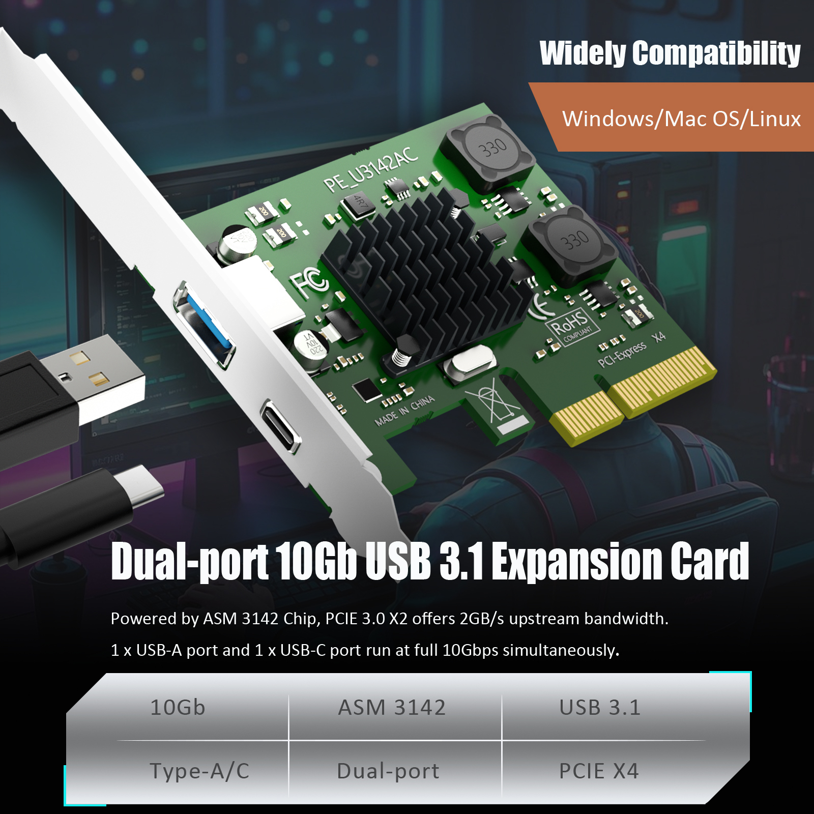 U3142AC 2-Port 10Gb USB 3.1 Gen2 (Type-C and Type-A) to PCIE X4 Expansion Card with ASM 3142 Chip, Regular and Low-profible Bracket