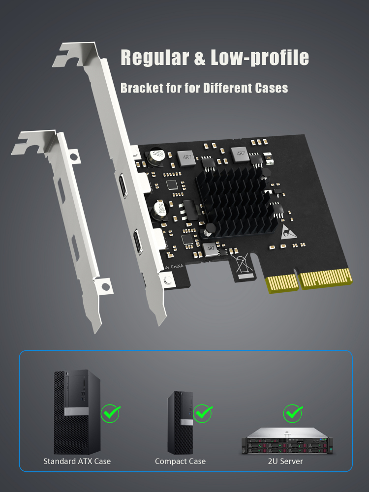 U3142C 2-port 10Gb USB 3.1 Gen2 Type-C to PCIE X4 Expansion Card with ASM 3142 Chip, Regular and Low-profible Bracket