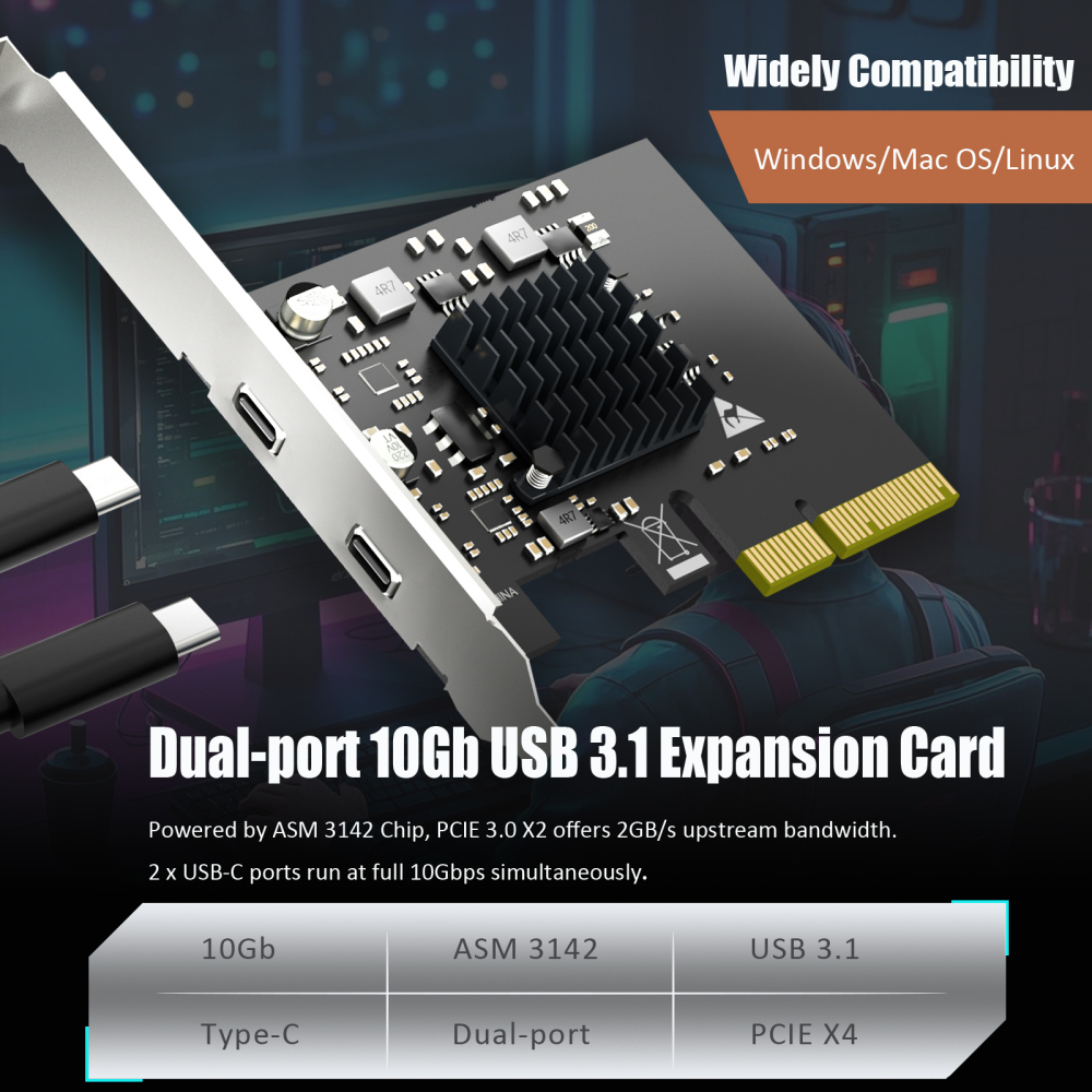 U3142C 2-port 10Gb USB 3.1 Gen2 Type-C to PCIE X4 Expansion Card with ASM 3142 Chip, Regular and Low-profible Bracket