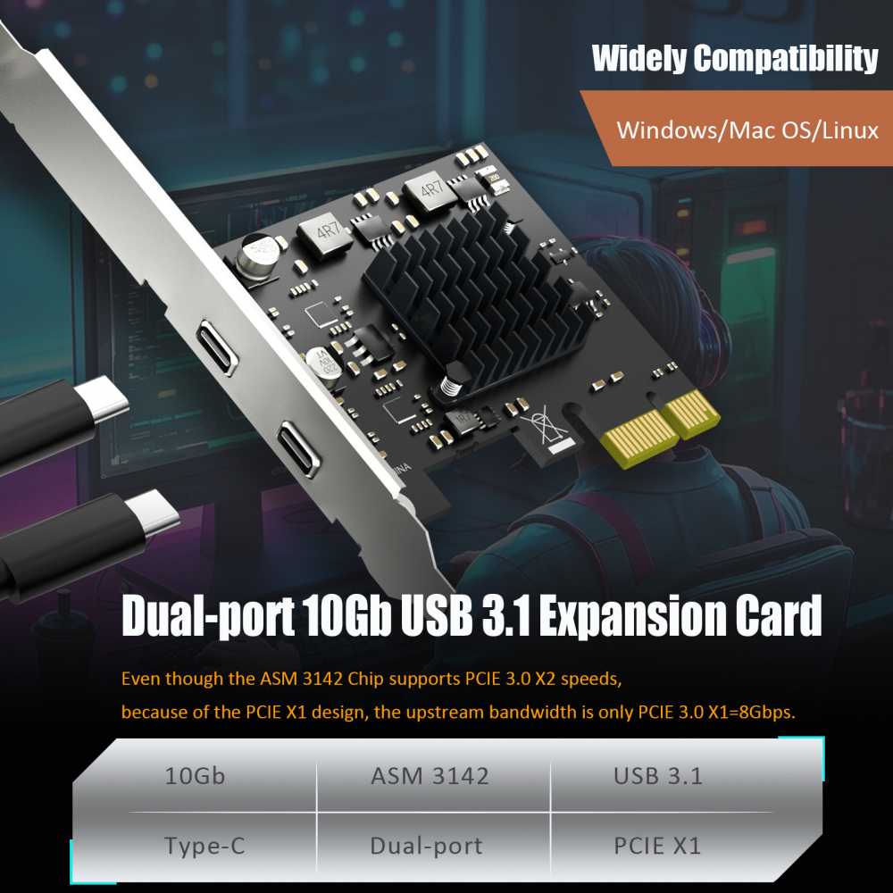 U3142CX1 2-Port 10Gb USB 3.1 Gen2 Type-C to PCIE X1 Expansion Card with ASM 3142 Chip, Regular and Low-profible Bracket