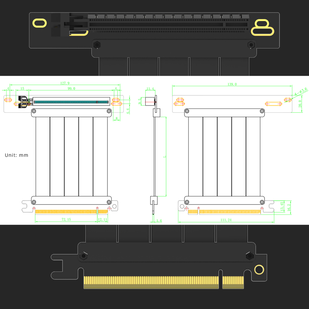 PCIe 3.0 X16 Riser Cable for PCIe 3.0 GPUs, Such as GeForce RTX 20/GTX 16/GTX 10 Series and AMD Radeon RX5000/VII/RX Vega/R9 Fury Series, etc