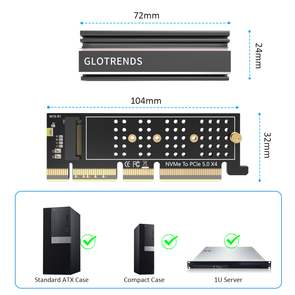 PA19-1U M.2 NVMe Adapter to PCIe 5.0 X4 for 1U PC Server Installation - No Bracket Included