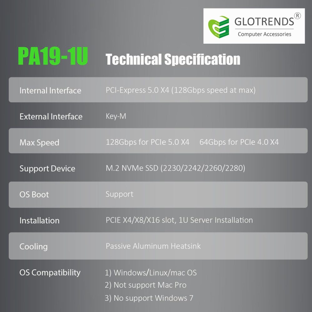 PA19-1U M.2 NVMe Adapter to PCIe 5.0 X4 for 1U PC Server Installation - No Bracket Included