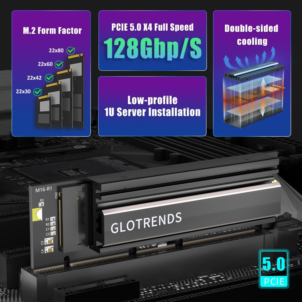 PA19-1U M.2 NVMe Adapter to PCIe 5.0 X4 for 1U PC Server Installation - No Bracket Included
