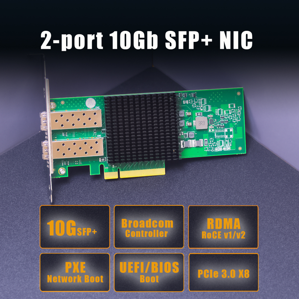 ST7442 2-Port 10Gb SFP+ Network Card with Broadcom BCM57412 Controller, PCIe 3.0 X8 Interface, Support RDMA (RoCE v1/v2), Not Infiniband RDMA