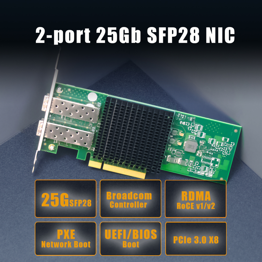 ST7443 2-Port 25Gb SFP28 Network Card with Broadcom BCM57414 Controller, PCIe 3.0 X8 Interface, Support RDMA (RoCE v1/v2), Not Infiniband RDMA