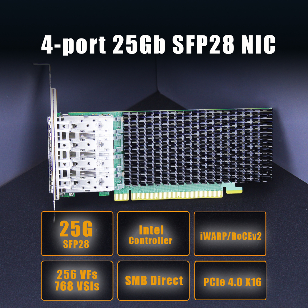 ST7342 4-Port 25G SFP28 Ethernet Network Card with Intel E810-CAM1 Controller, PCIE 4.0 X16 Interface