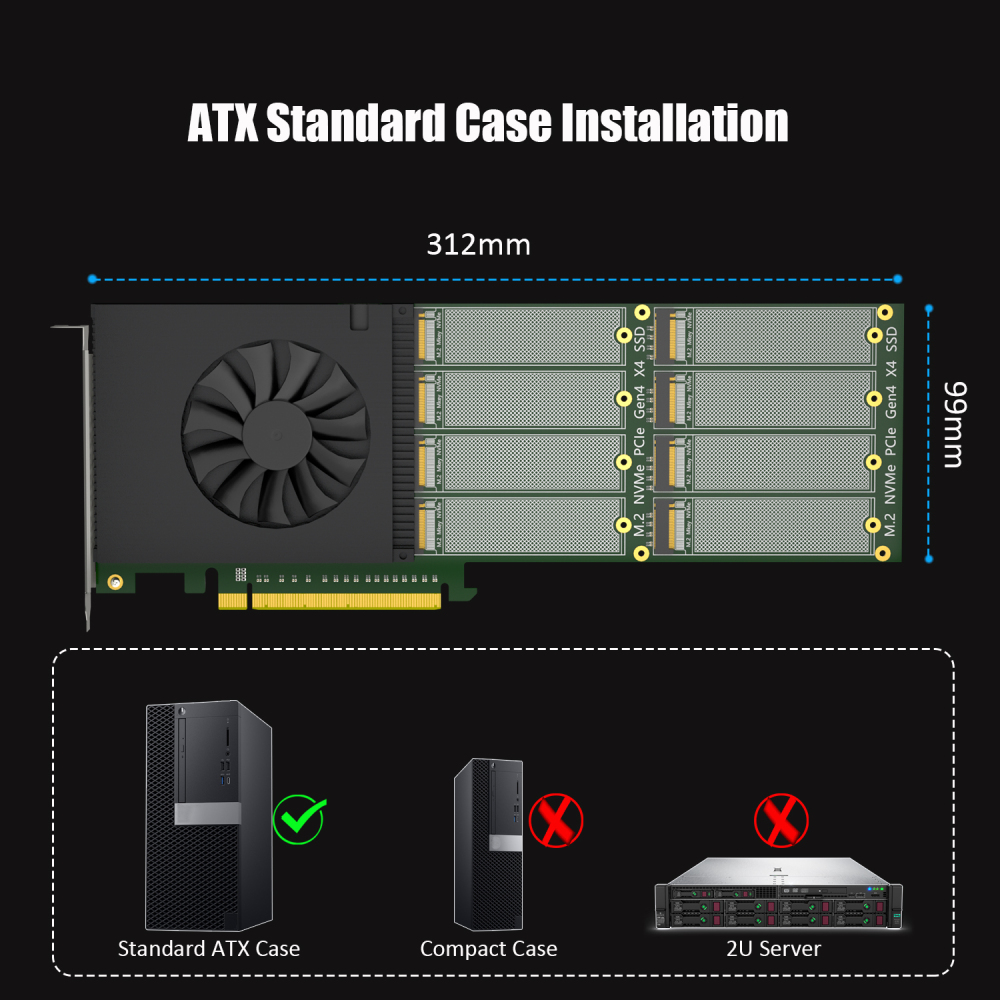 ST558 8-Port M.2 NVMe to PCIE 4.0 X16 Adapter Card with PEX88048 Controller (PCIE 4.0 Switch 50 Lanes), Compatible with Windows/Mac OS/Linux