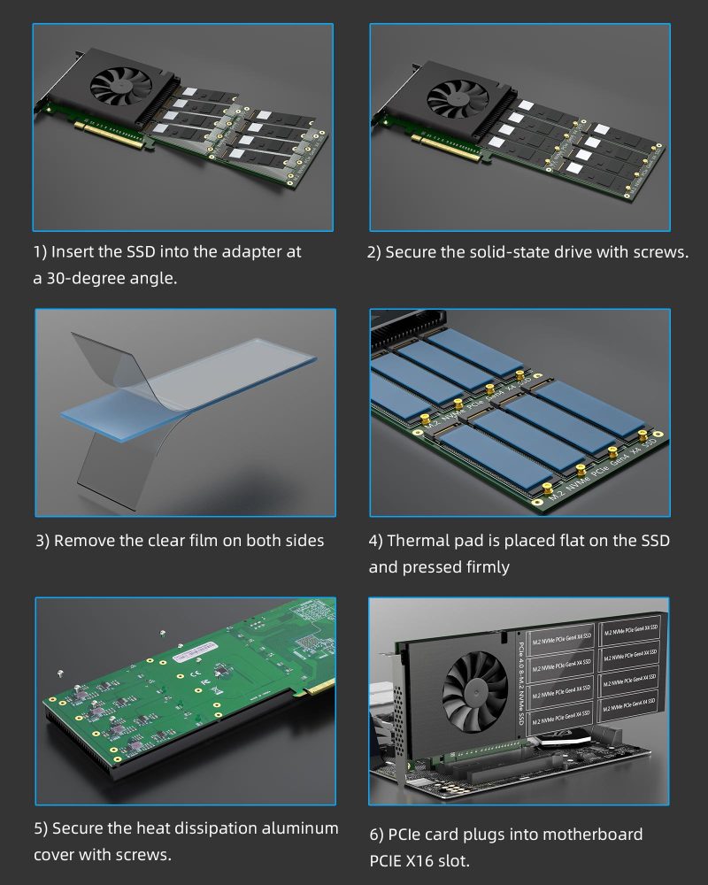 ST558 8-Port M.2 NVMe to PCIE 4.0 X16 Adapter Card with PEX88048 Controller (PCIE 4.0 Switch 50 Lanes), Compatible with Windows/Mac OS/Linux