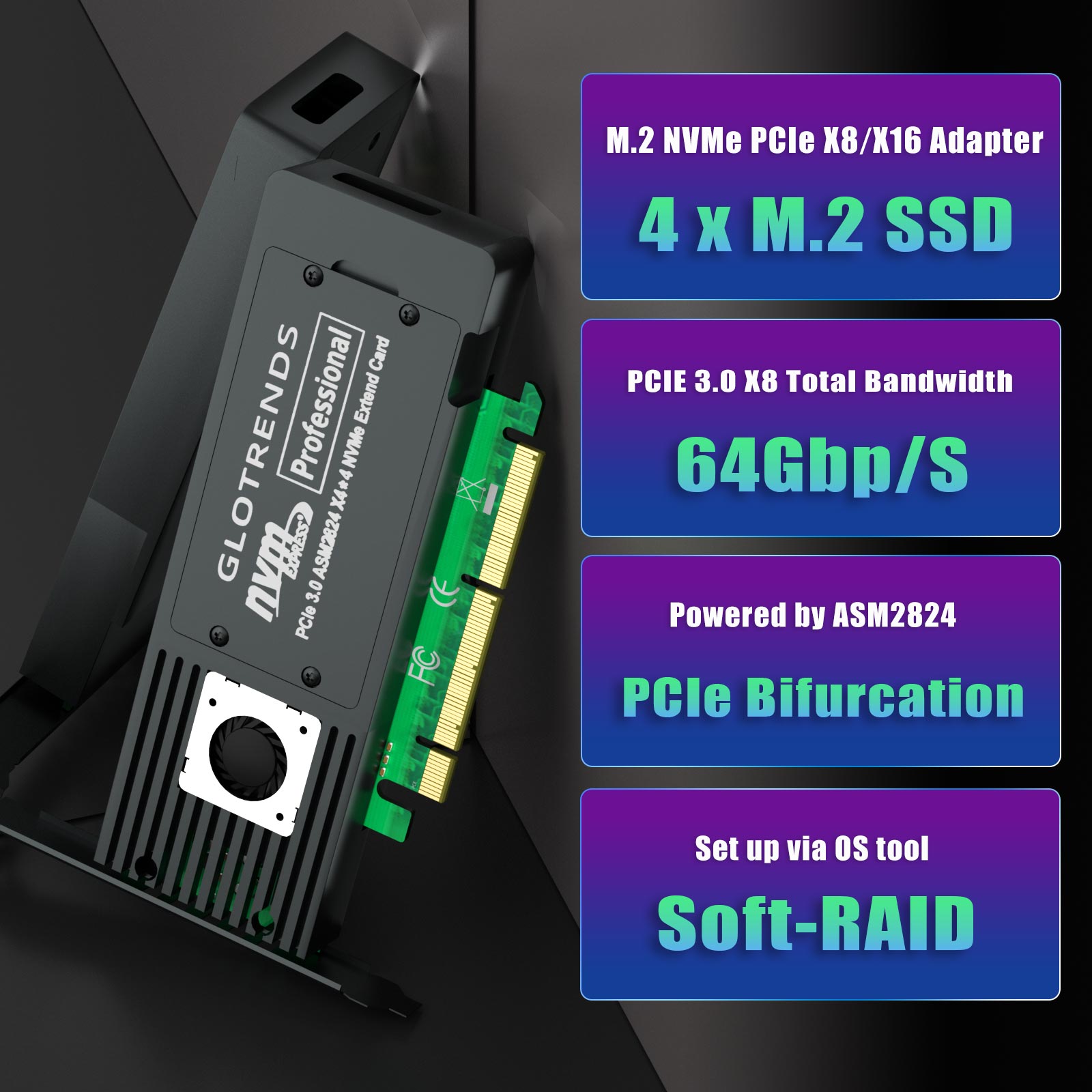 ST560 Quad M.2 NVMe to PCIE 3.0 X8 Adapter Card with ASM2824