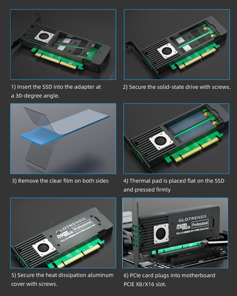 ST560 Quad M.2 NVMe to PCIE 3.0 X8 Adapter Card with ASM2824 Controller, Support PCIe Bifurcation Function, Compatible with Windows/Mac OS/Linux