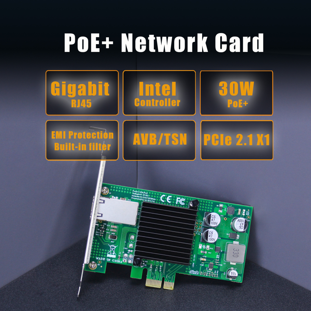 ST7225 PoE+ Network Card with AVB/TSN Function, Gigabit Ethernet RJ45 LAN Port, PCIE 2.1 X1 Interface