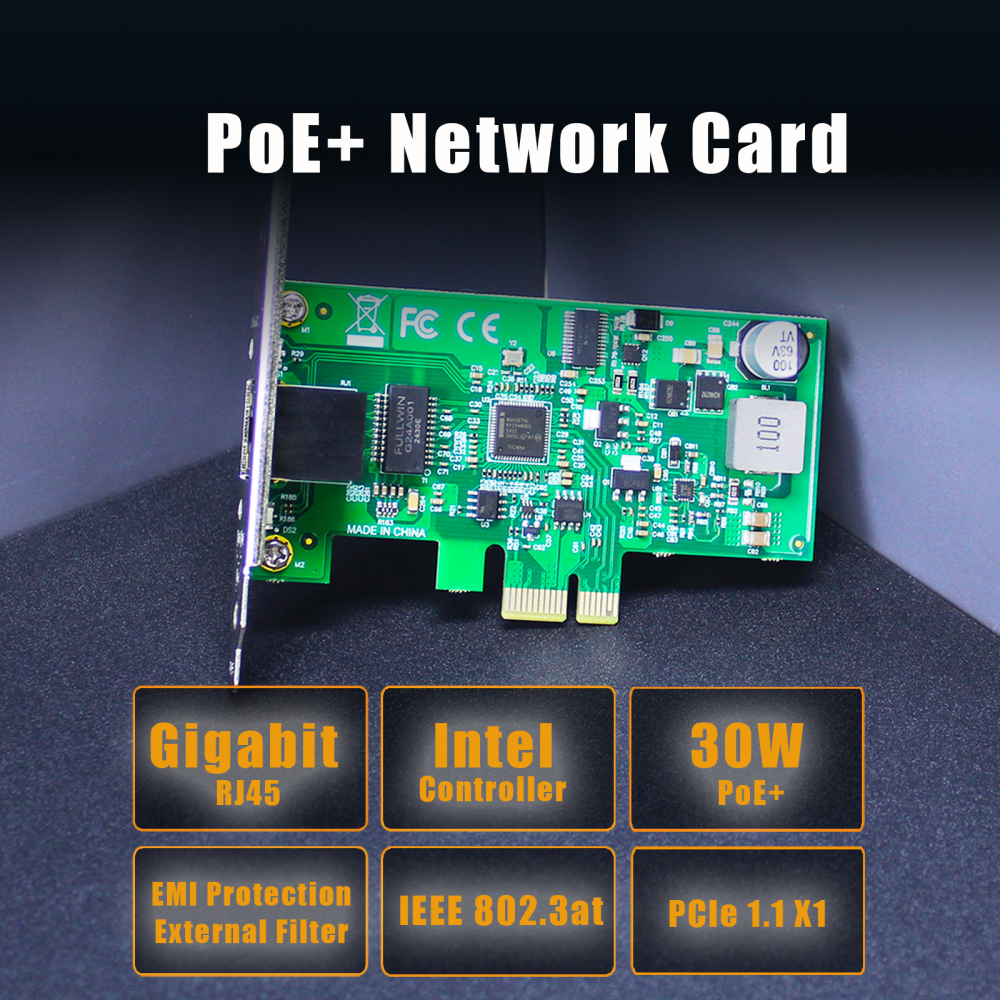 ST7474 PoE+ Network Card, 10/100/1000Mbps Gigabit Ethernet RJ45 LAN Port, PCIE 1.1 X1 Interface