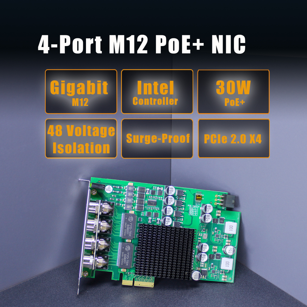 ST7478 4-Port M12 PoE+ Network Card with Surge-Proof Design for Outdoor Installation, PCIE 2.0 X4 Interface