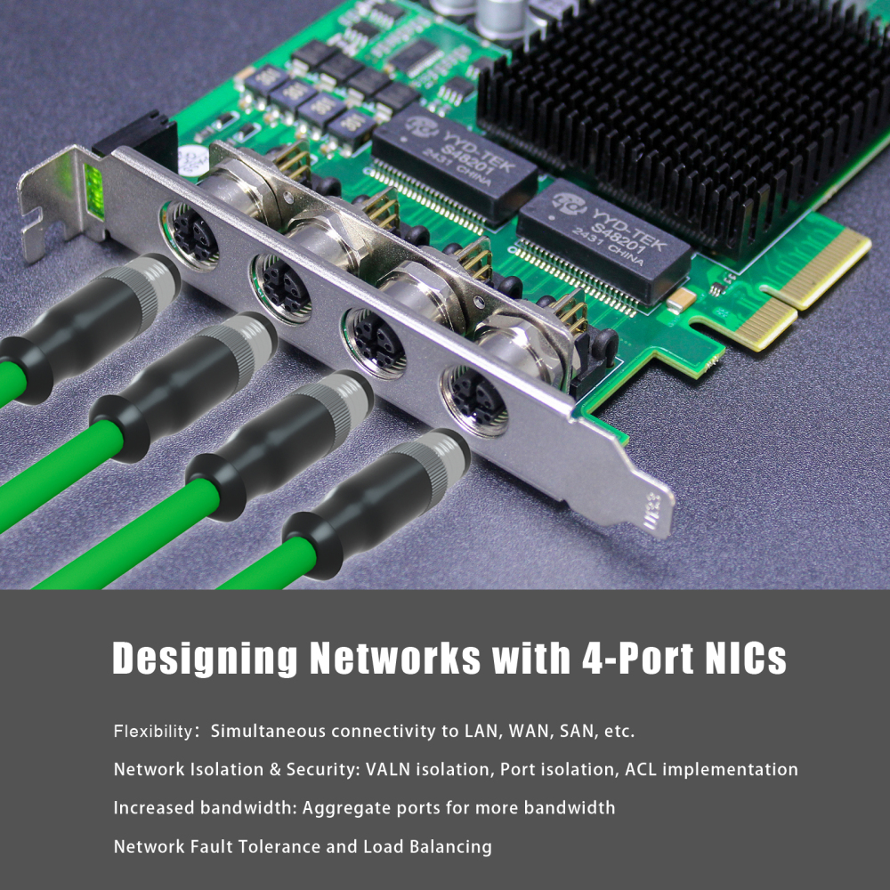 ST7478 4-Port M12 PoE+ Network Card with Surge-Proof Design for Outdoor Installation, PCIE 2.0 X4 Interface