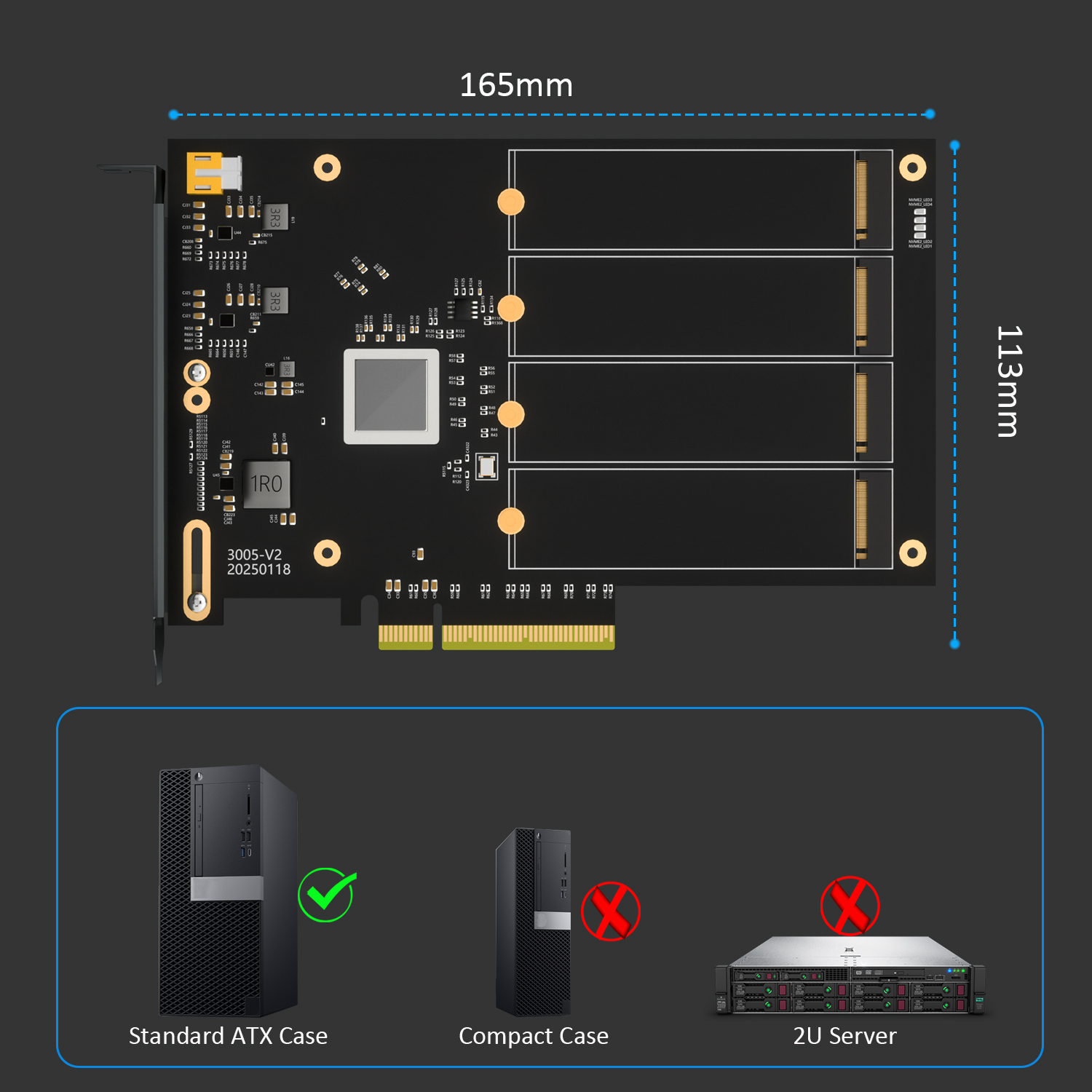 PA44 Quad M.2 NVMe to PCIE 4.0 X8 Adapter Card with IX8024 Controller, Support PCIe Bifurcation Function, Compatible with Windows/Mac OS/Linux
