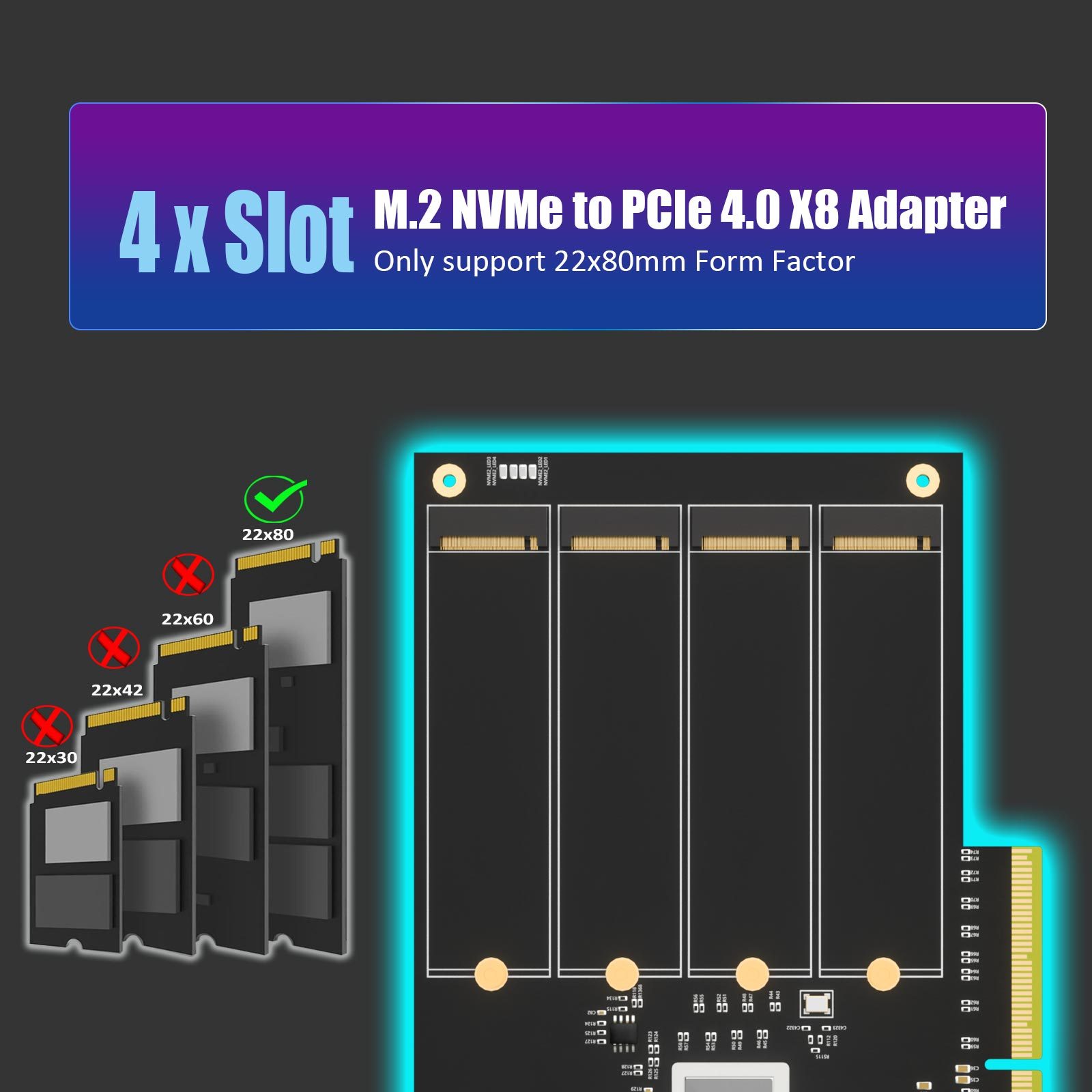 PA44 Quad M.2 NVMe to PCIE 4.0 X8 Adapter Card with IX8024 Controller, Support PCIe Bifurcation Function, Compatible with Windows/Mac OS/Linux