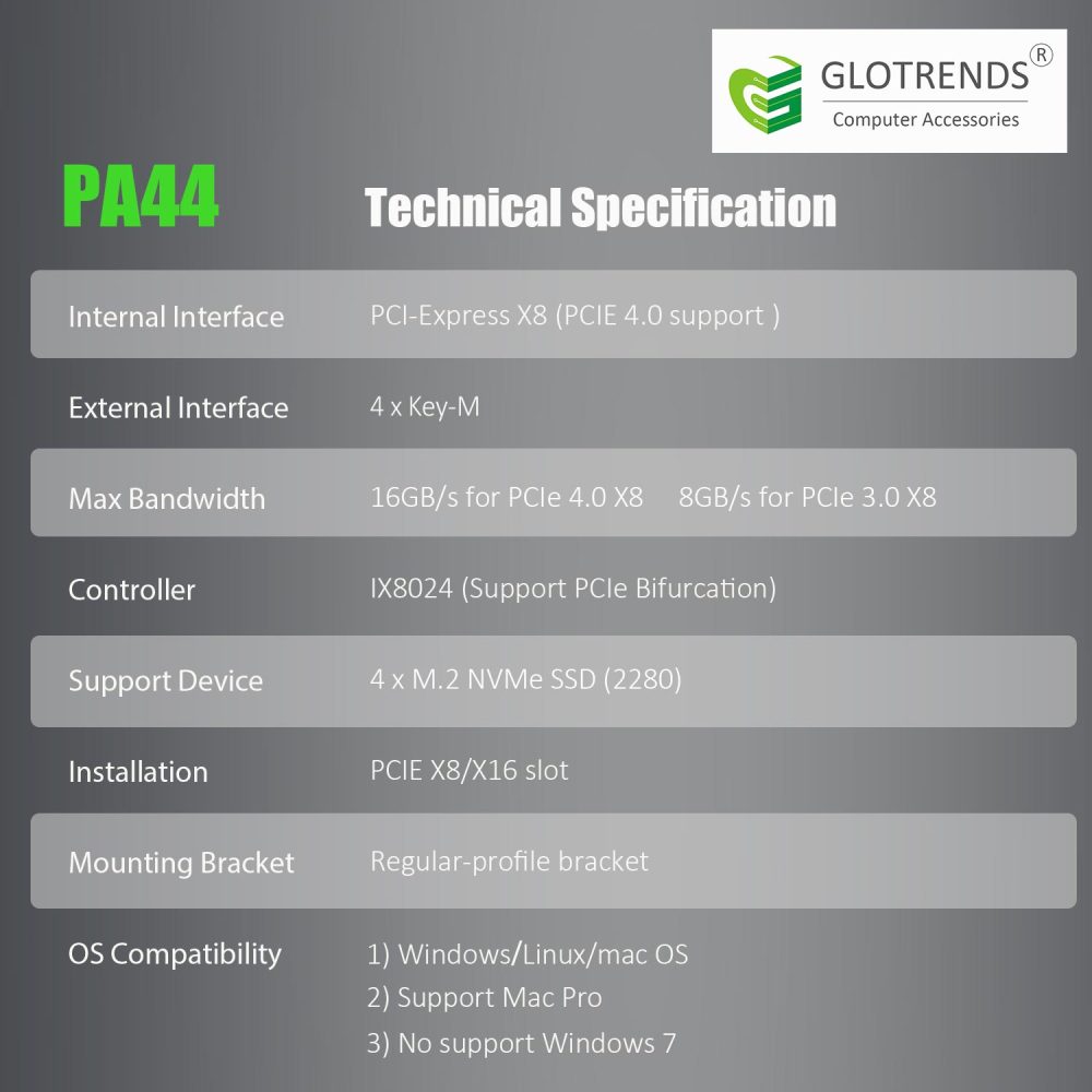 PA44 Quad M.2 NVMe to PCIE 4.0 X8 Adapter Card with IX8024 Controller, Support PCIe Bifurcation Function, Compatible with Windows/Mac OS/Linux