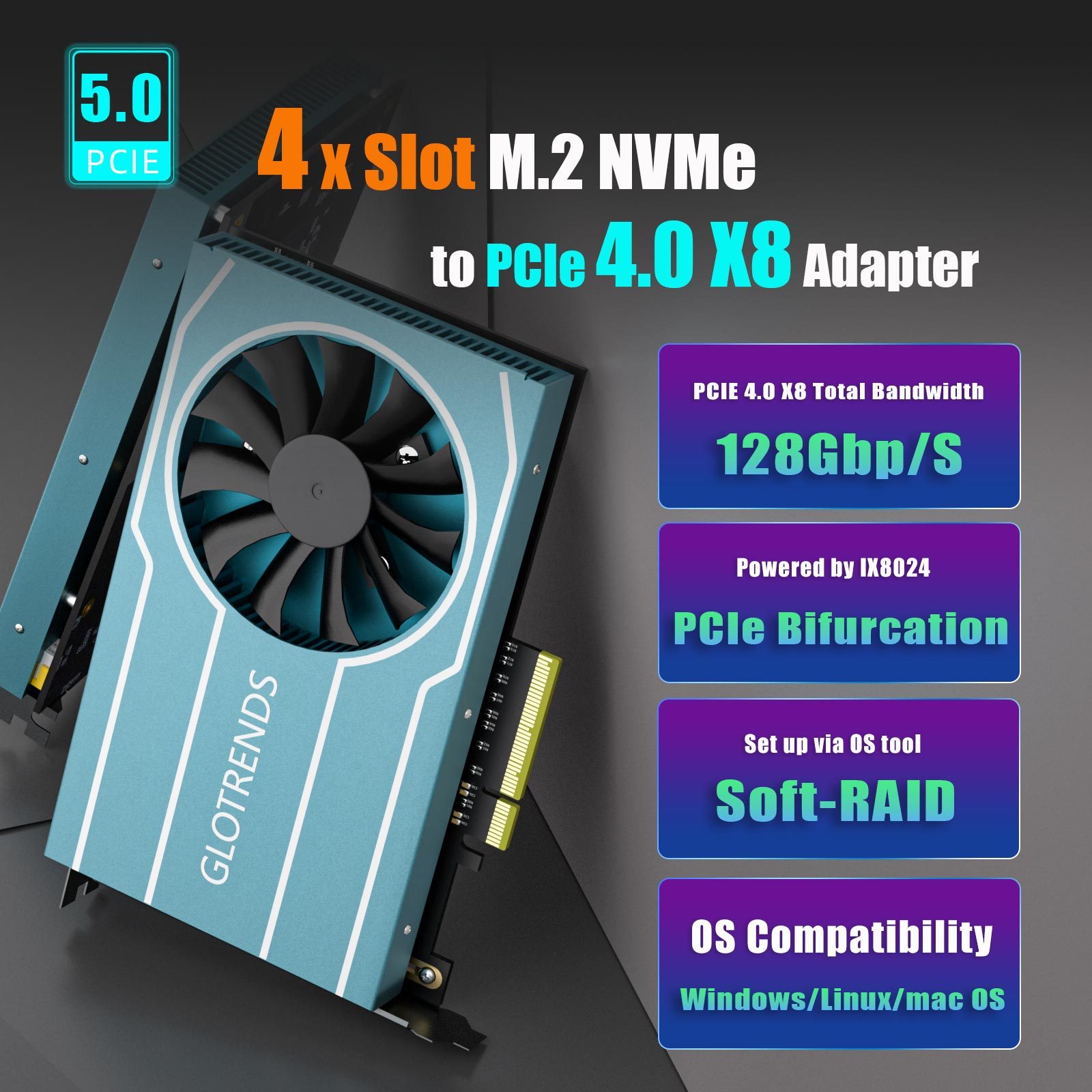 PA44 Quad M.2 NVMe to PCIE 4.0 X8 Adapter Card with IX8024 Controller, Support PCIe Bifurcation Function, Compatible with Windows/Mac OS/Linux
