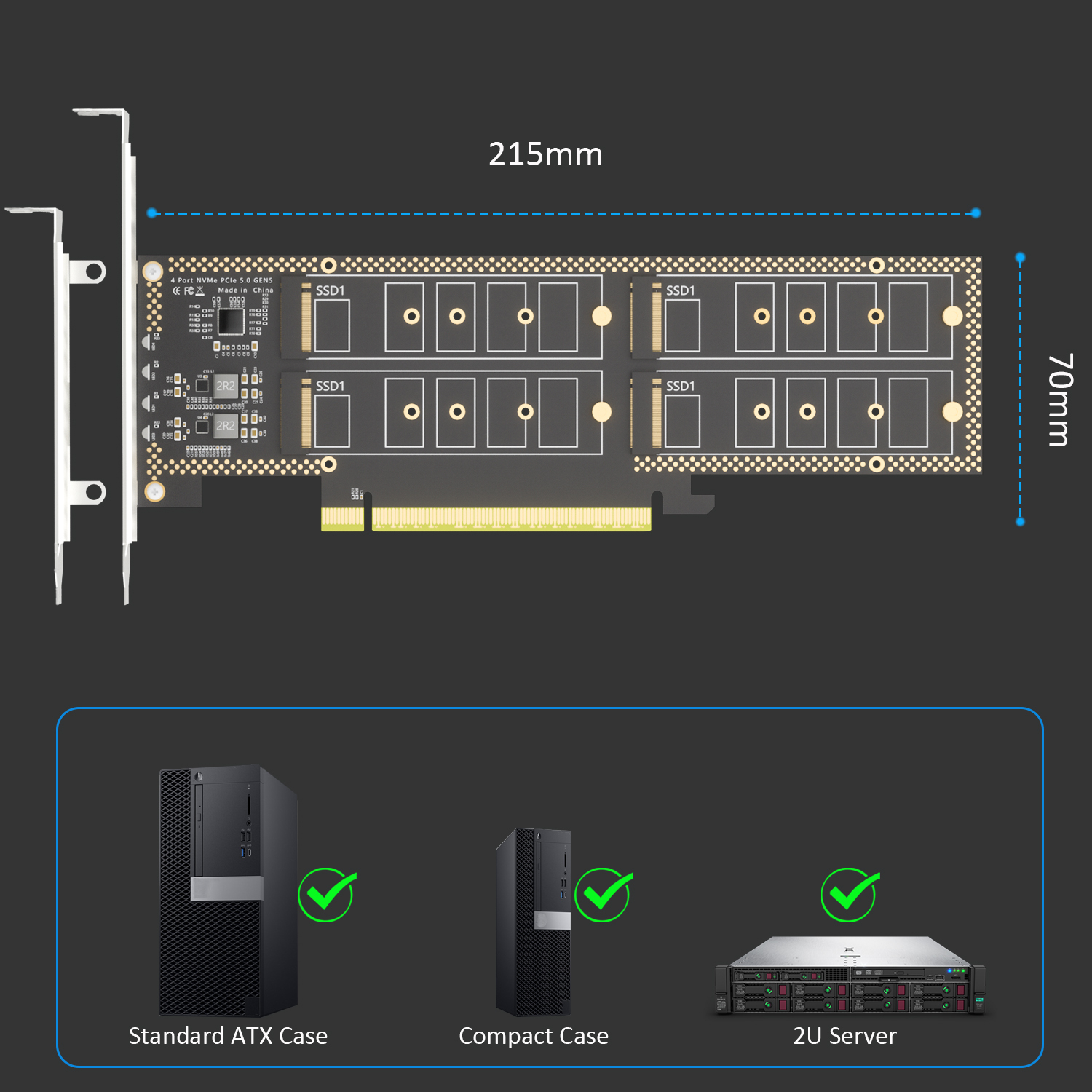 PA54L Quad M.2 NVMe to PCIe 5.0 X16 Adapter, Up to 512 Gbps for AMD and Intel Platform RAID Function, Regular and Low-Profile Bracket (PCIe Bifurcation Motherboard is Required)