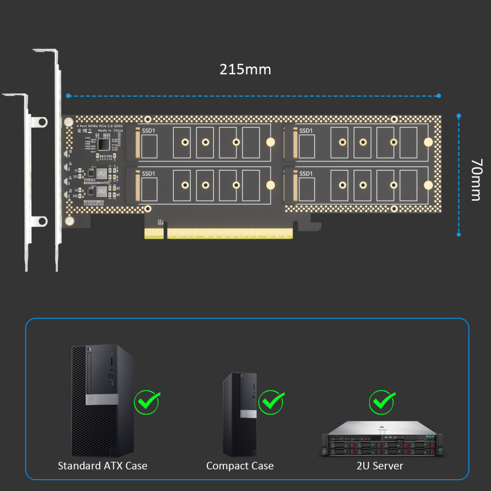 PA54L Quad M.2 NVMe to PCIe 5.0 X16 Adapter, Up to 512 Gbps for AMD and Intel Platform RAID Function, Regular and Low-Profile Bracket (PCIe Bifurcation Motherboard is Required)