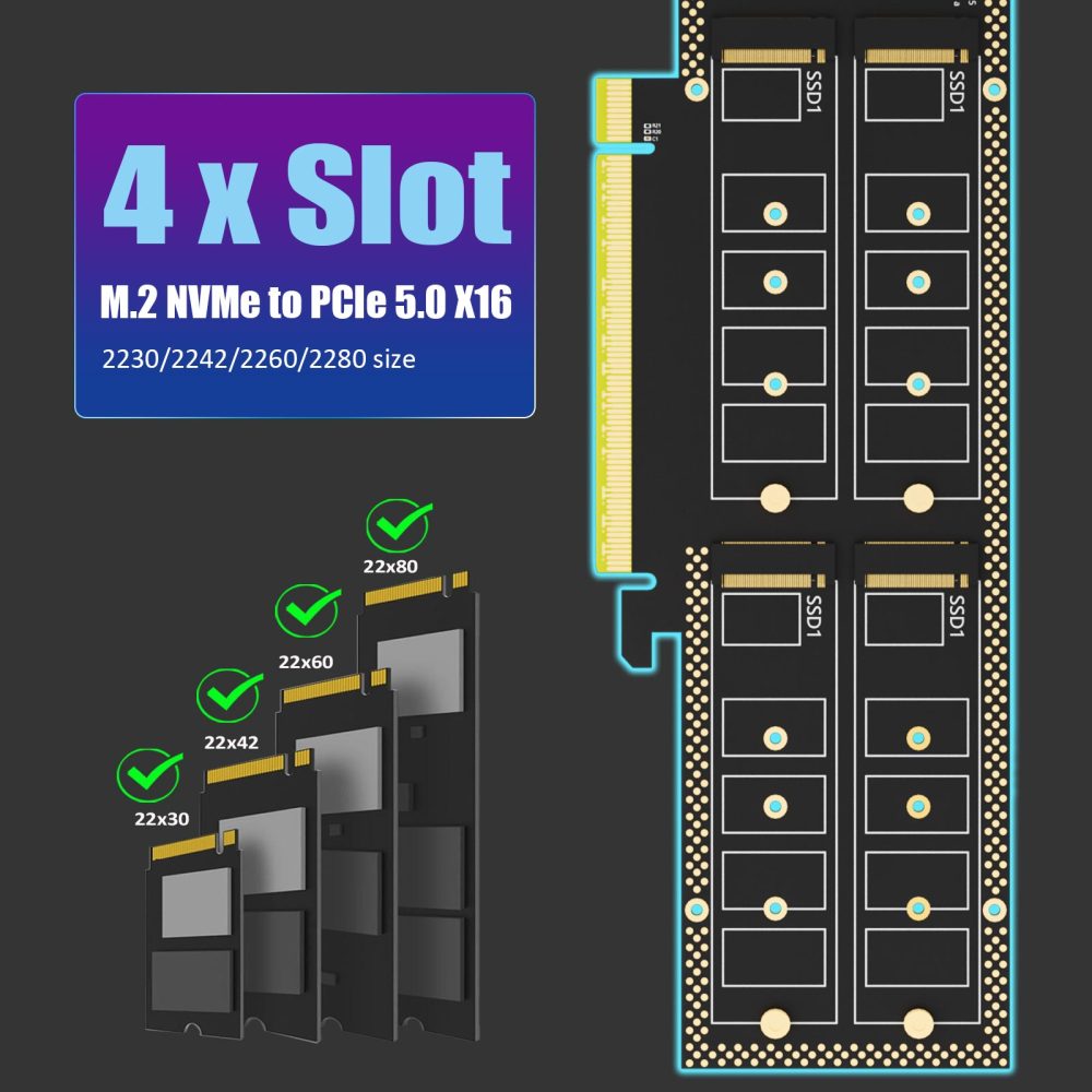 PA54L Quad M.2 NVMe to PCIe 5.0 X16 Adapter, Up to 512 Gbps for AMD and Intel Platform RAID Function, Regular and Low-Profile Bracket (PCIe Bifurcation Motherboard is Required)