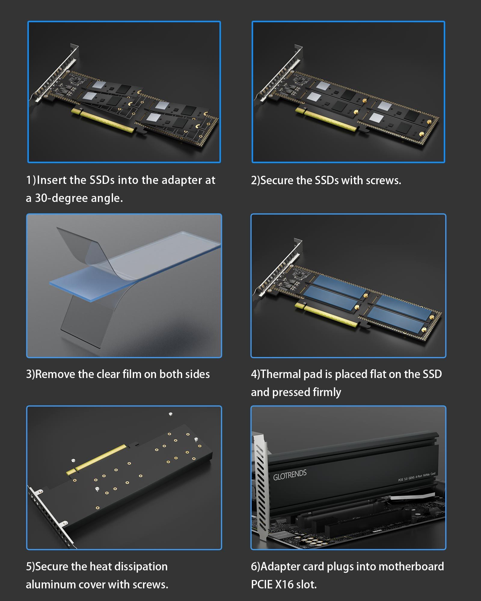 PA54L Quad M.2 NVMe to PCIe 5.0 X16 Adapter, Up to 512 Gbps for AMD and Intel Platform RAID Function, Regular and Low-Profile Bracket (PCIe Bifurcation Motherboard is Required)