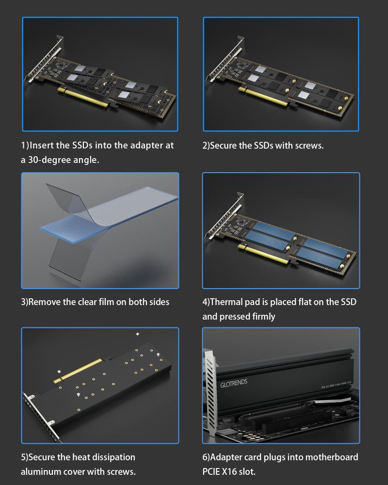 PA54L Quad M.2 NVMe to PCIe 5.0 X16 Adapter, Up to 512 Gbps for AMD and Intel Platform RAID Function, Regular and Low-Profile Bracket (PCIe Bifurcation Motherboard is Required)