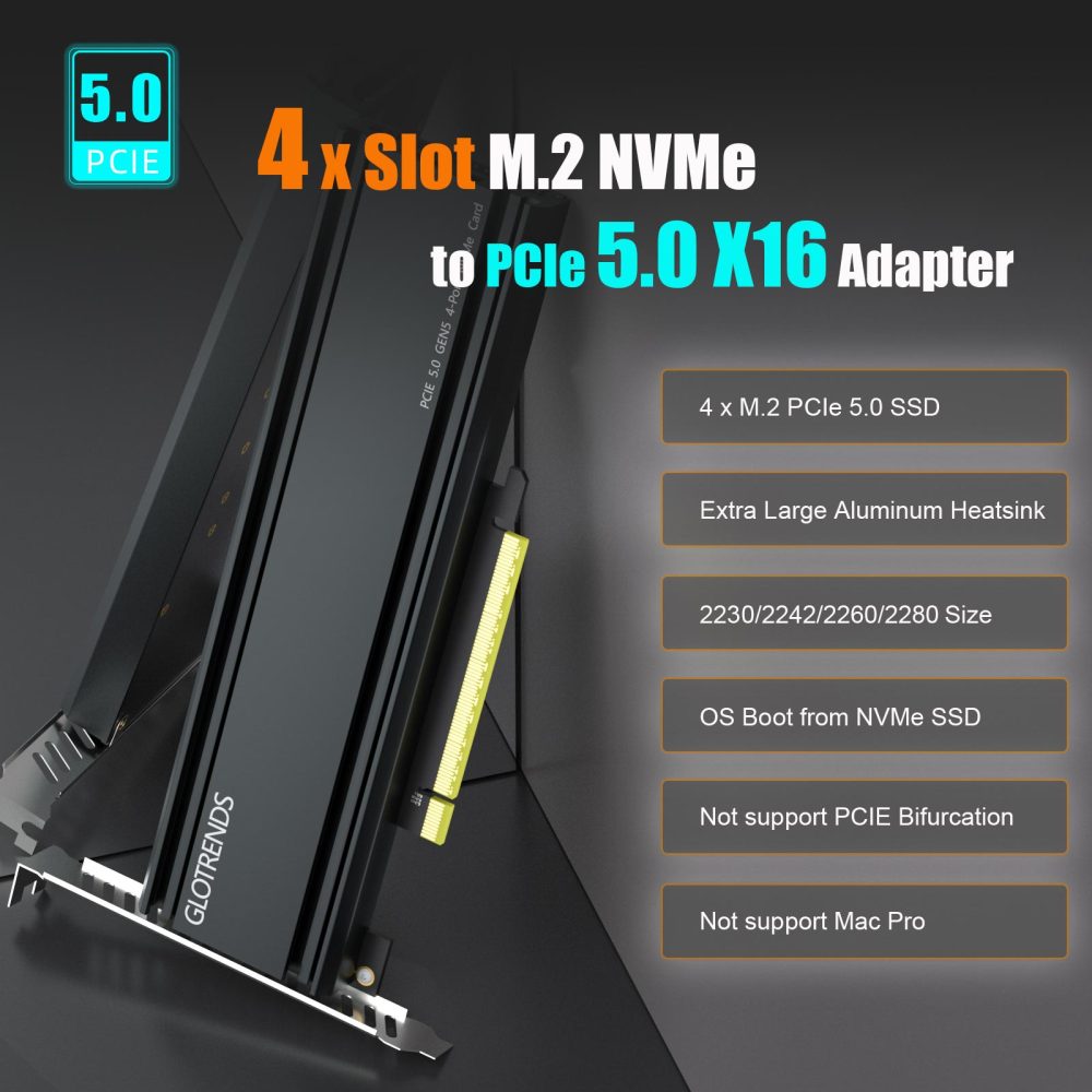 PA54L Quad M.2 NVMe to PCIe 5.0 X16 Adapter, Up to 512 Gbps for AMD and Intel Platform RAID Function, Regular and Low-Profile Bracket (PCIe Bifurcation Motherboard is Required)