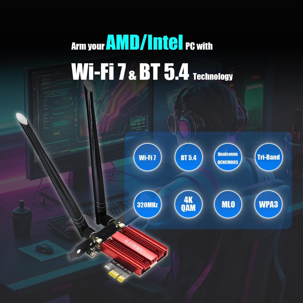 BE11000 WiFi 7 PCIe WiFi Card for Desktop PC with QCNCM865 Controller, Bluetooth 5.4, Supports AMD/Intel Motherboard