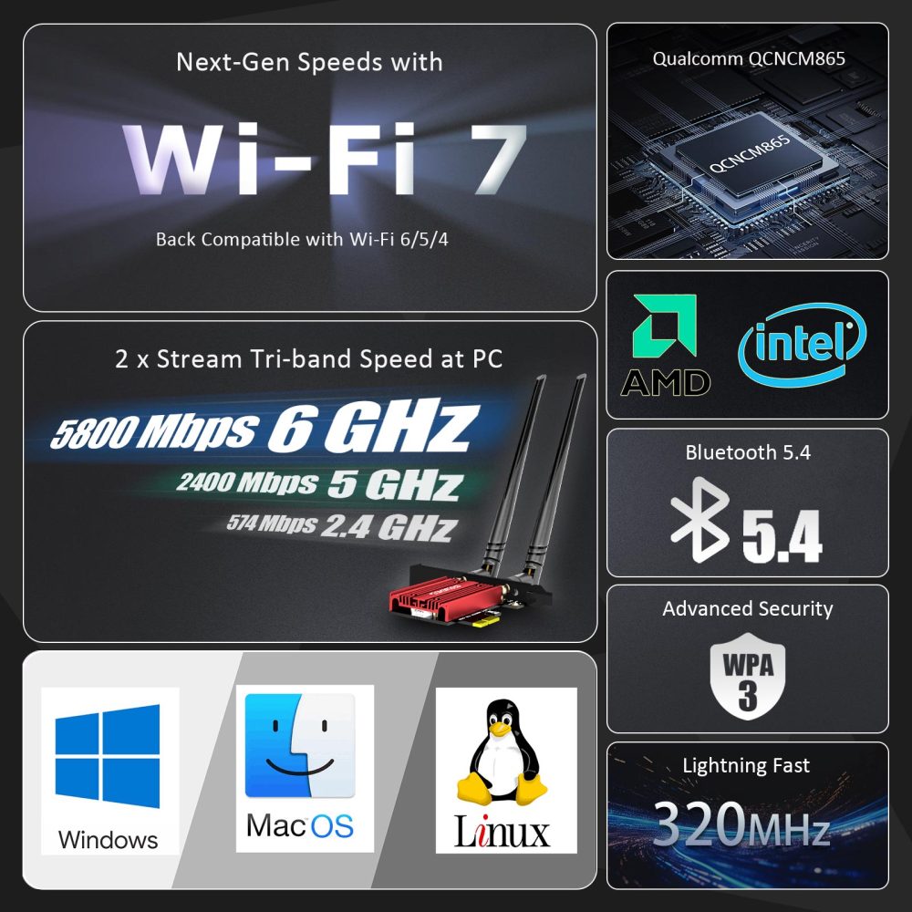 BE11000 WiFi 7 PCIe WiFi Card for Desktop PC with QCNCM865 Controller, Bluetooth 5.4, Supports AMD/Intel Motherboard