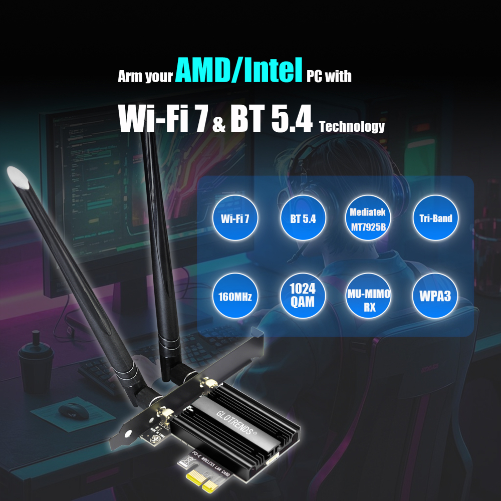 BE6500 WiFi 7 PCIe WiFi Card for AMD/Intel Desktop PC with MT7925B Controller, Bluetooth 5.4