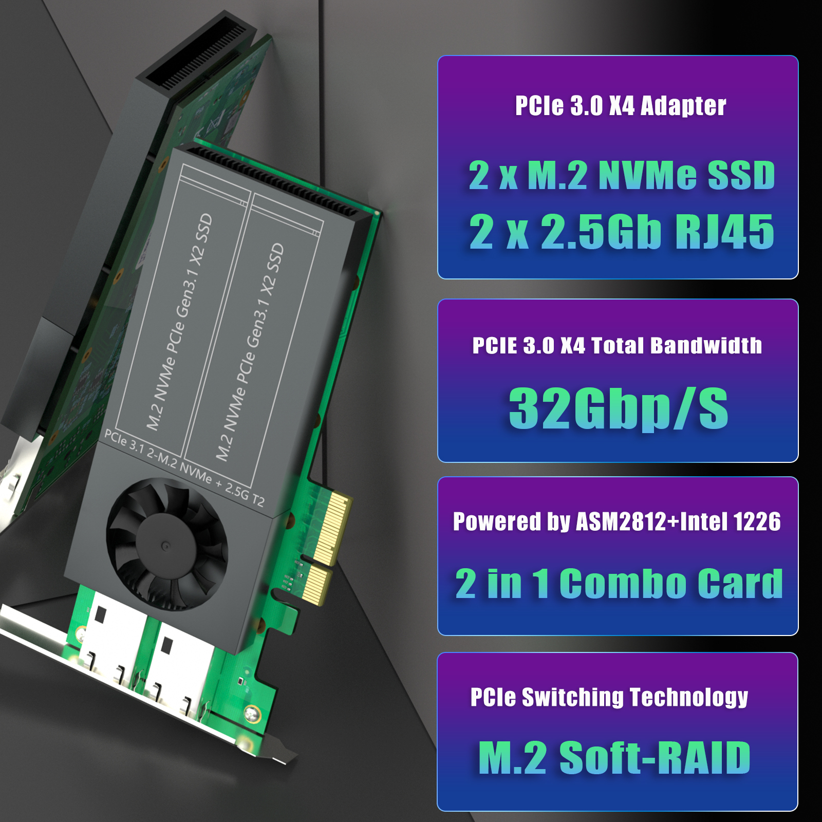 ST5114 Dual M.2 PCIe Adapter with 2 x 2.5Gb RJ45 Port, PCIe 3.0 X4 Interface, Support PCIe Bifurcation, Setup Soft M.2 NVMe RAID via OS Tool