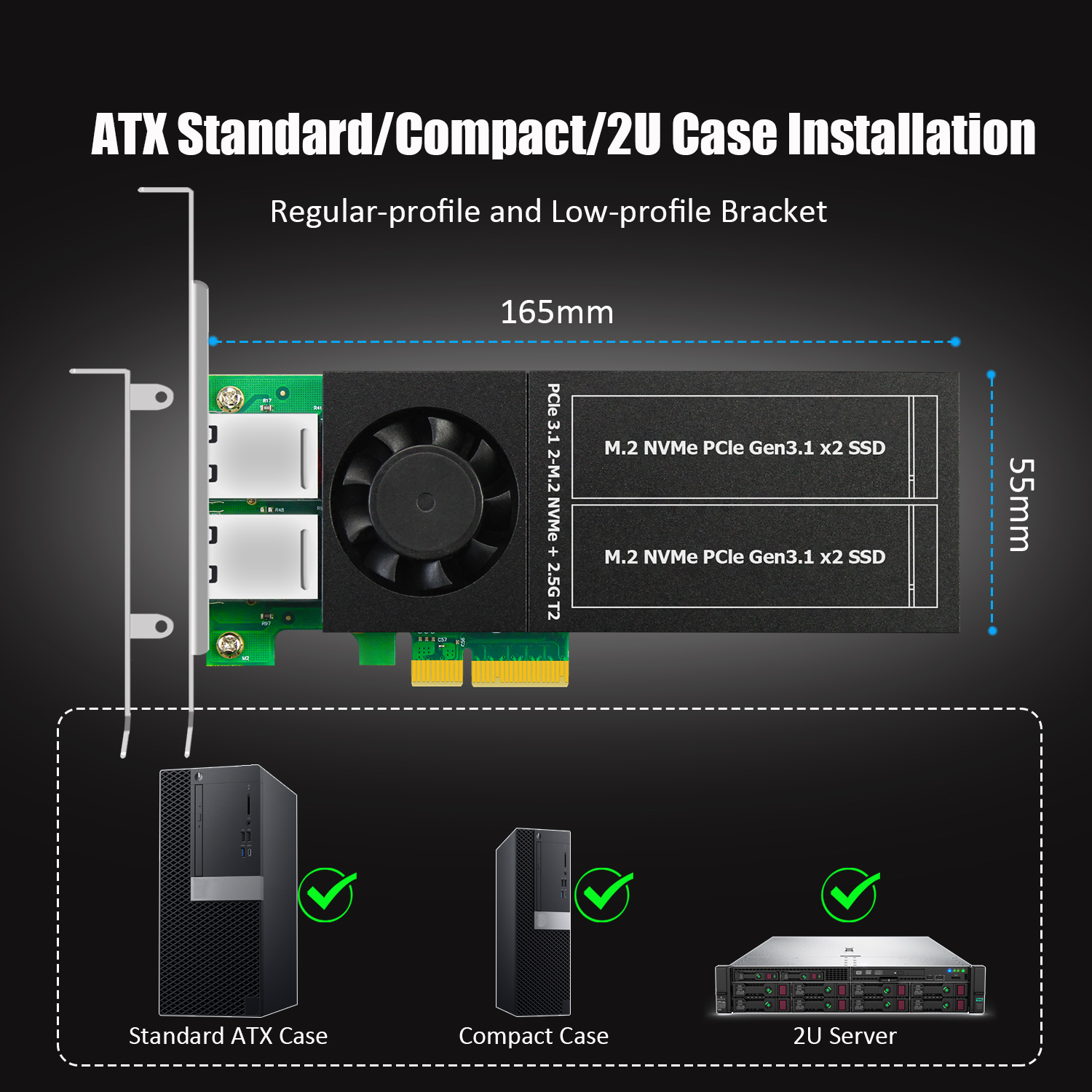 ST5114 Dual M.2 PCIe Adapter with 2 x 2.5Gb RJ45 Port, PCIe 3.0 X4 Interface, Support PCIe Bifurcation, Setup Soft M.2 NVMe RAID via OS Tool