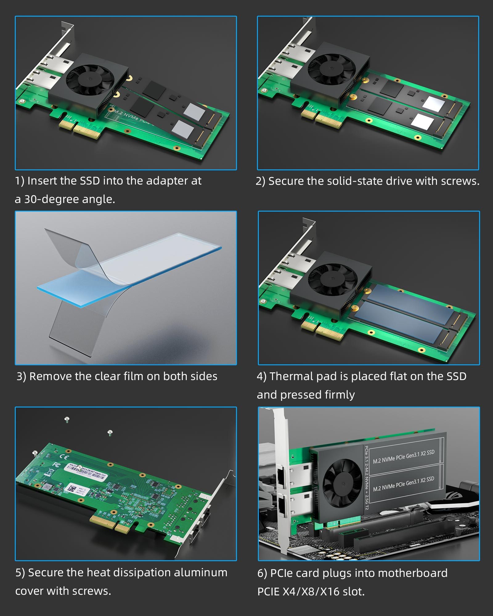ST5114 Dual M.2 PCIe Adapter with 2 x 2.5Gb RJ45 Port, PCIe 3.0 X4 Interface, Support PCIe Bifurcation, Setup Soft M.2 NVMe RAID via OS Tool