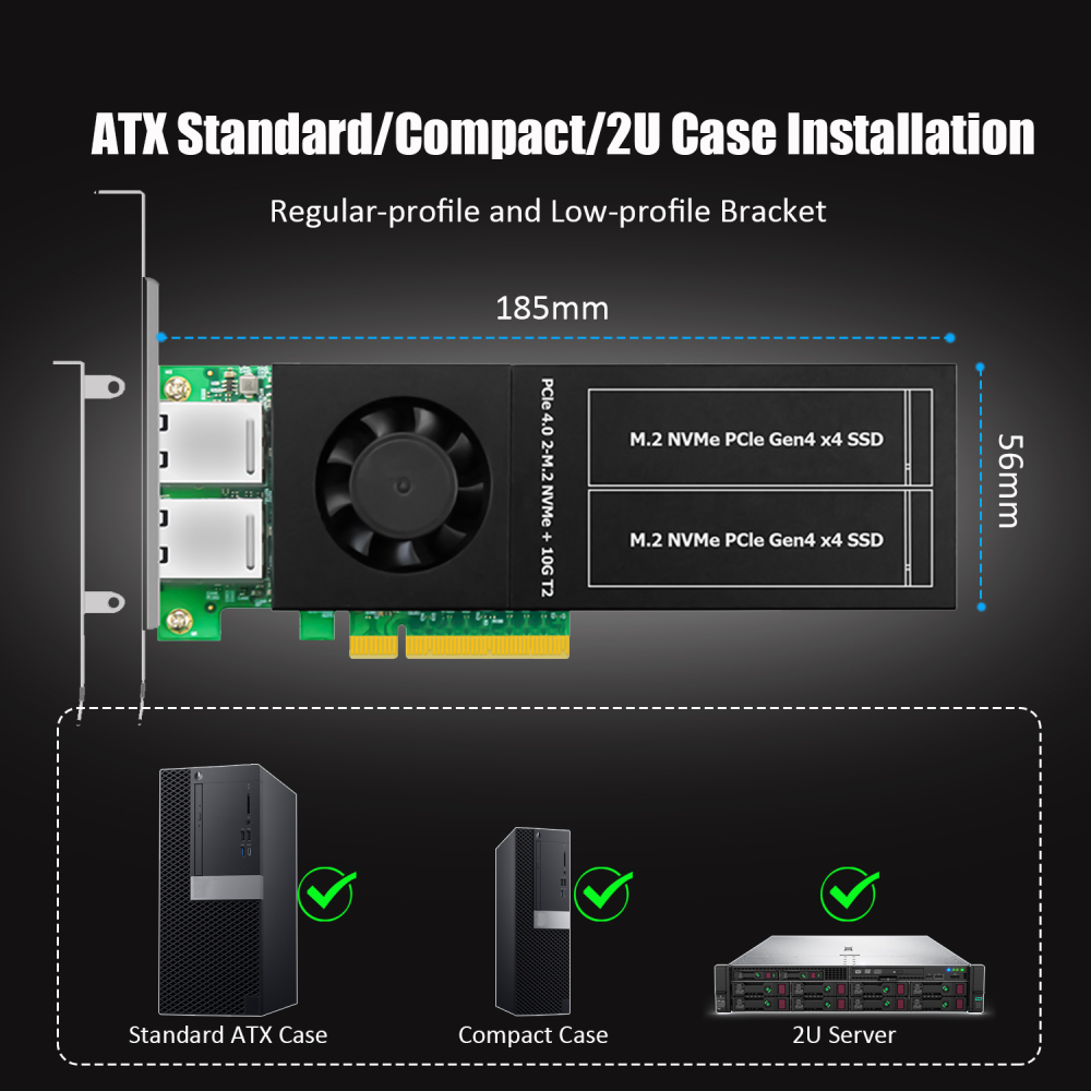 ST5116 Dual M.2 PCIe Adapter with 2 x 10Gb RJ45 Port, PCIe 4.0 X8 Interface, Support PCIe Bifurcation, Setup Soft M.2 NVMe RAID via OS Tool