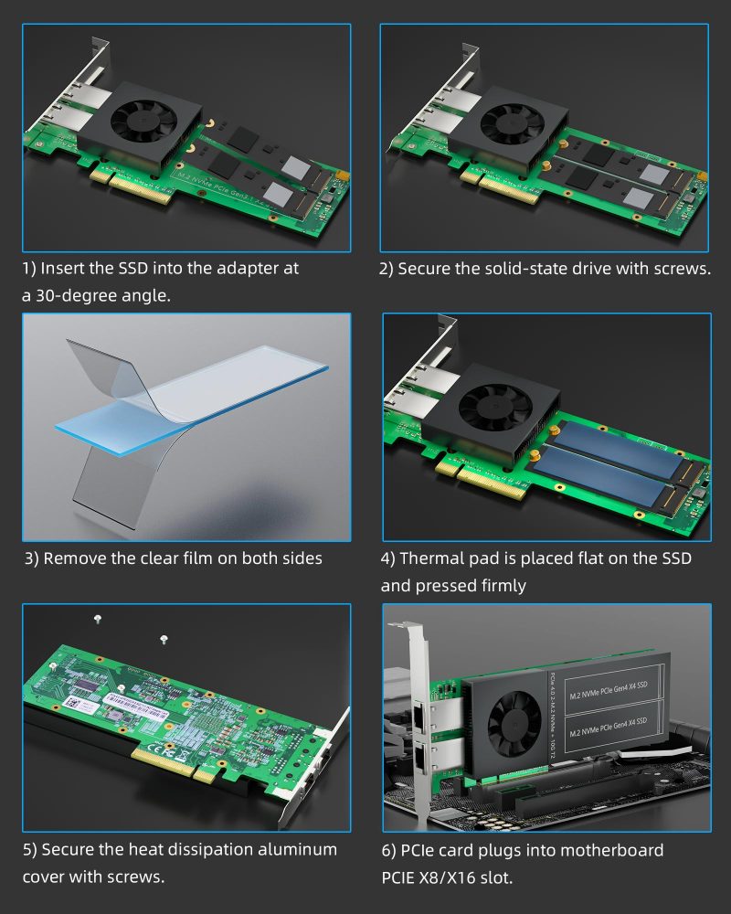 ST5116 Dual M.2 PCIe Adapter with 2 x 10Gb RJ45 Port, PCIe 4.0 X8 Interface, Support PCIe Bifurcation, Setup Soft M.2 NVMe RAID via OS Tool