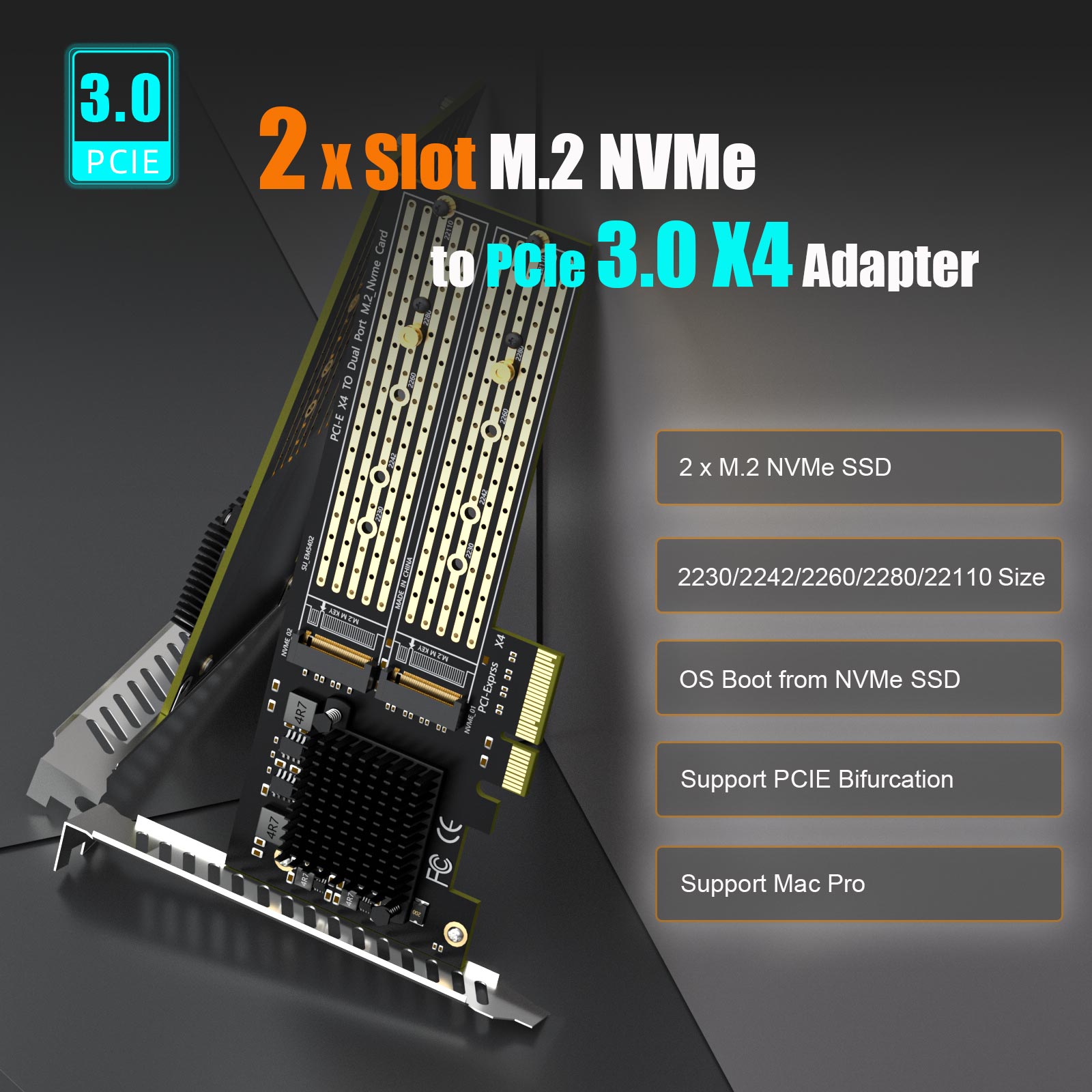 PA20 Dual M.2 NVMe Adapter, PCIe 3.0 x4, ASM2812, High-Performance