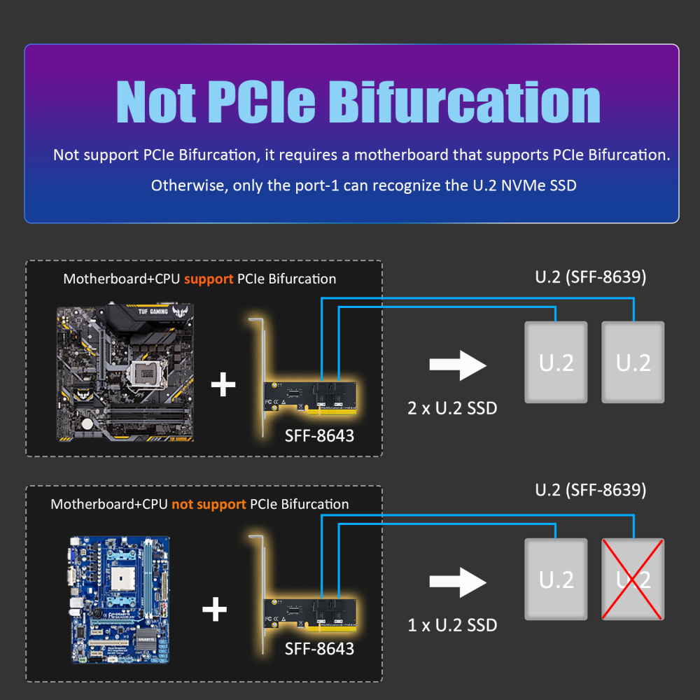 SF02 2-Port SFF-8643(Mini-SAS HD) to PCIE 4.0 X8 Adapter Card Without PCIe Bifurcation Function, Regular and Low-profible Bracket