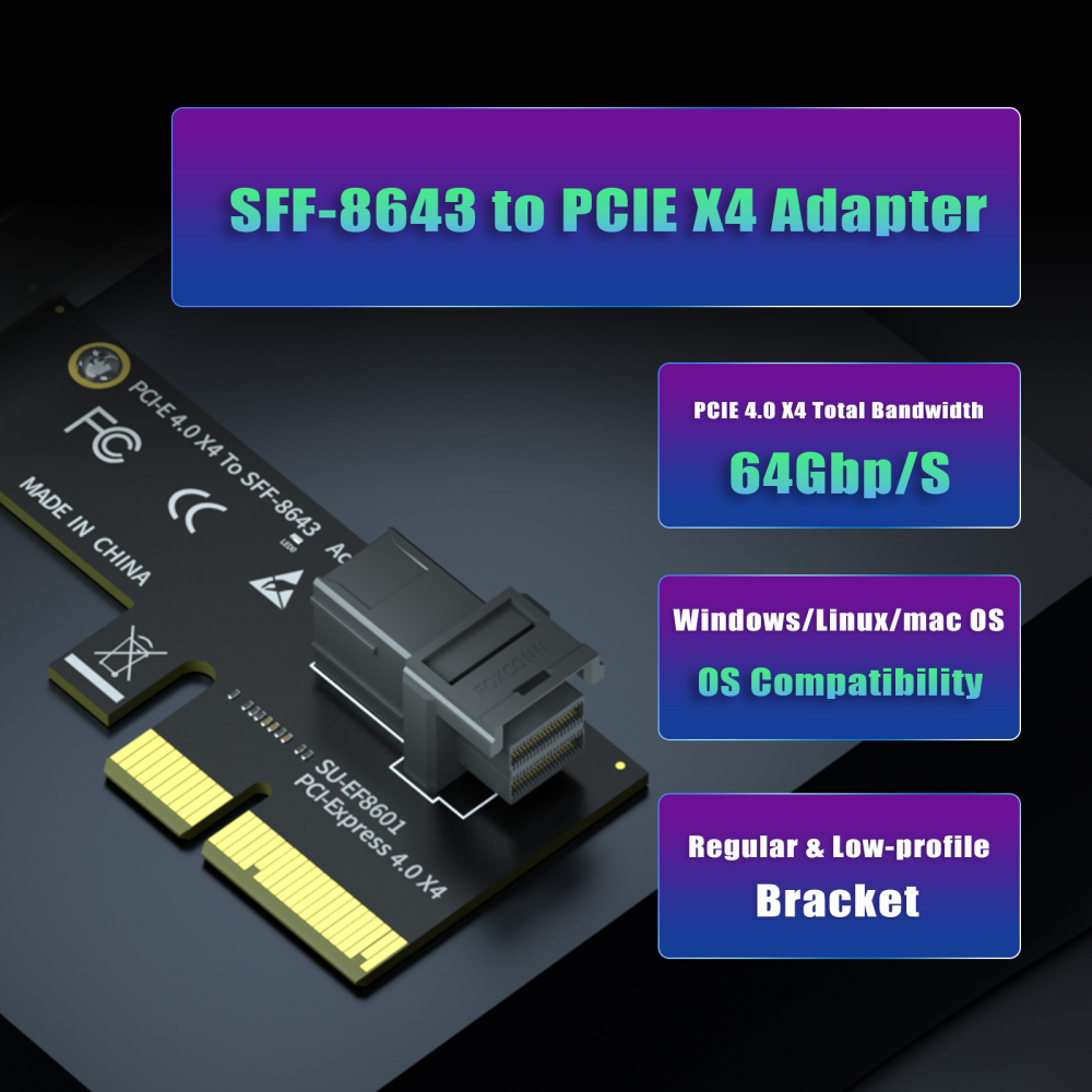 SF01 SFF-8643(Mini-SAS HD) to PCIE 4.0 X4 Adapter Card, Regular and Low-profible Bracket