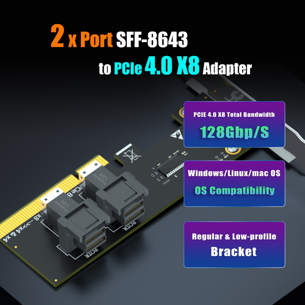 SF02 2-Port SFF-8643(Mini-SAS HD) to PCIE 4.0 X8 Adapter Card Without PCIe Bifurcation Function, Regular and Low-profible Bracket